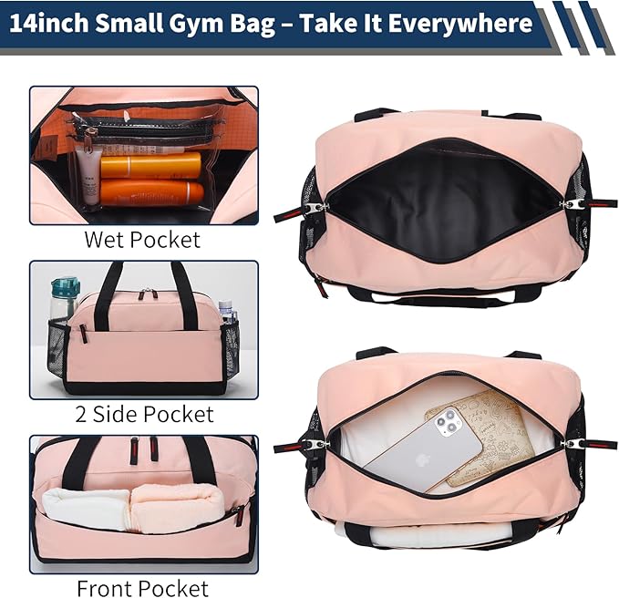 Small Gym Bag with Wet Pocket - 14 inch Mini Duffle Bag for Men & Women Lightweight Carry On Bag for Travel Sport - Pink