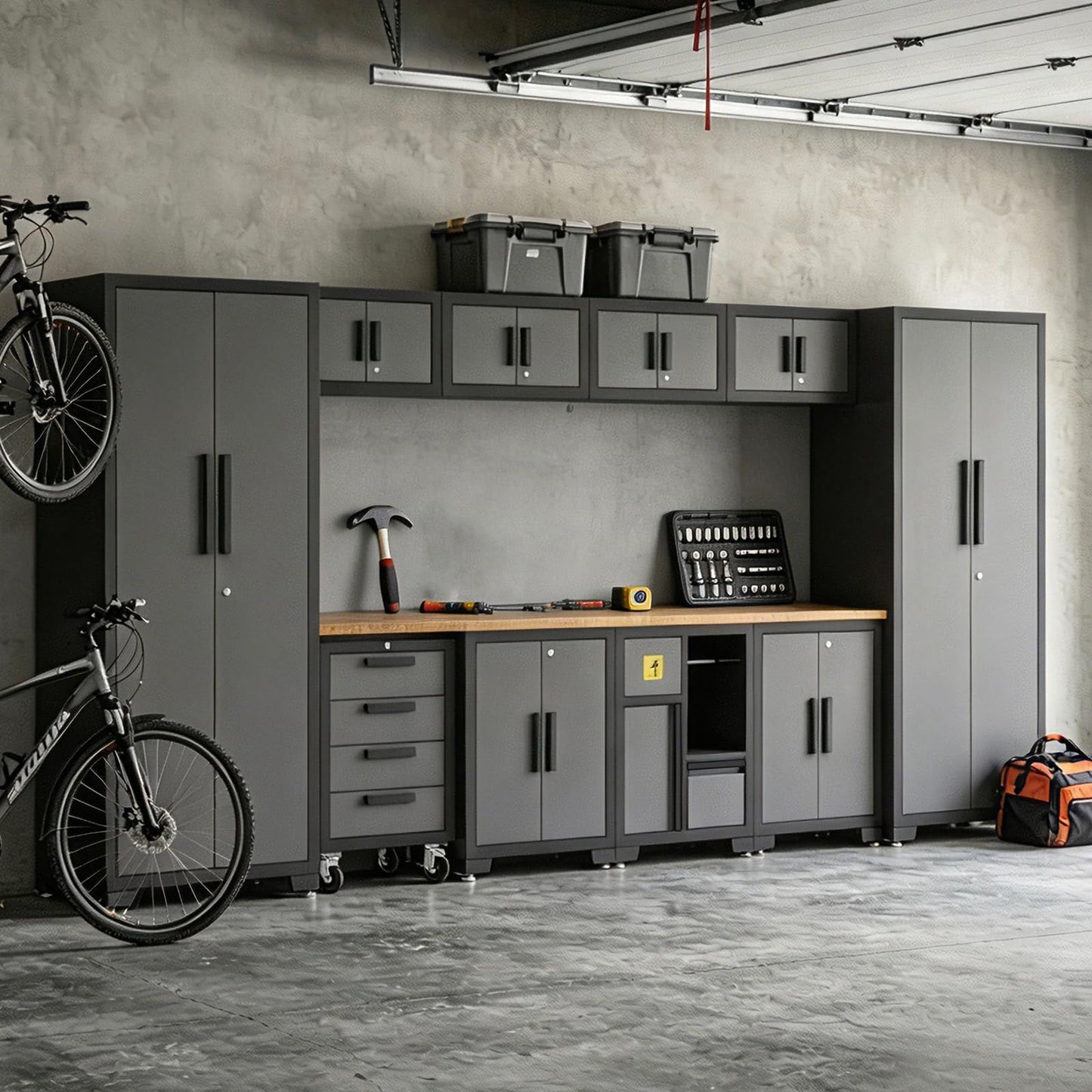 Garage Cabinets Storage System, 12-Pcs Included Steel Cabinets Drawers Rolling Chest and Trash Can Cabinet, Locked Storage Cabinet, Perfect for Organizing Garage and Tools