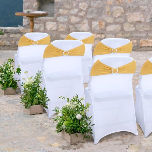 LEBENGURU Gold Spandex Chair Sashes - 50 Premium Stretch Bows with Buckle Slider for Weddings & Events