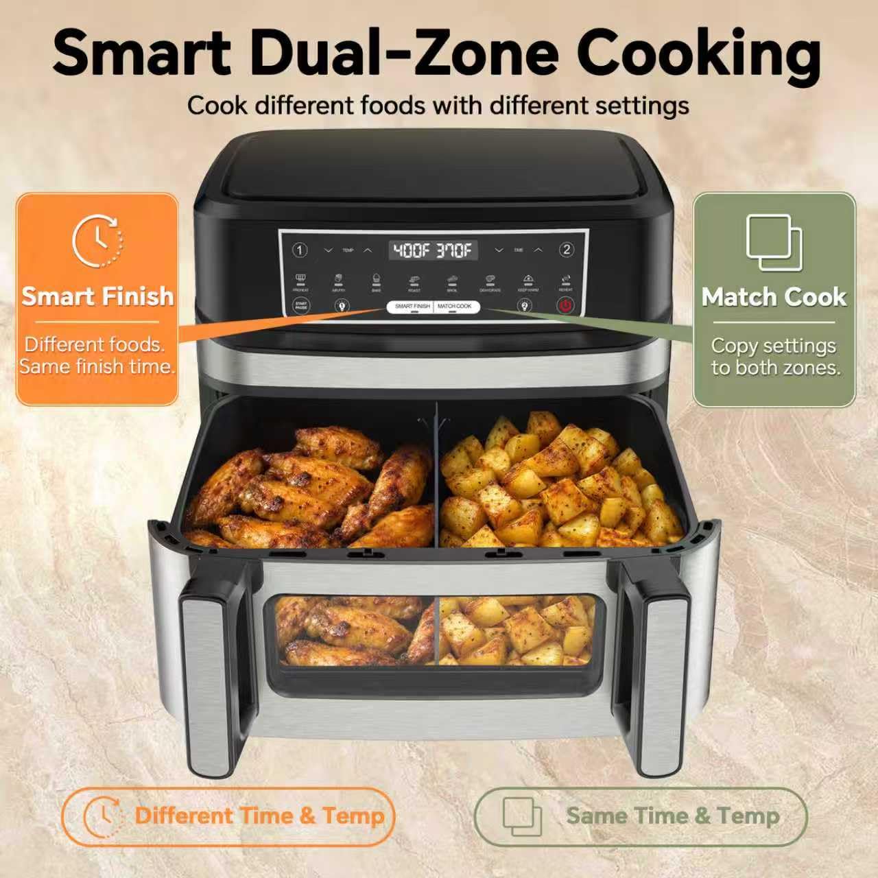 Emphsism 1600W Dual Zone Air Fryer Oven,12.69QT with Divider,Nonstick & Dishwasher-Safe Basket,Match Cook & Smart Finish to Roast,Recipes for Easy Cooking,Digital Touchscreen,Metal Sliver
