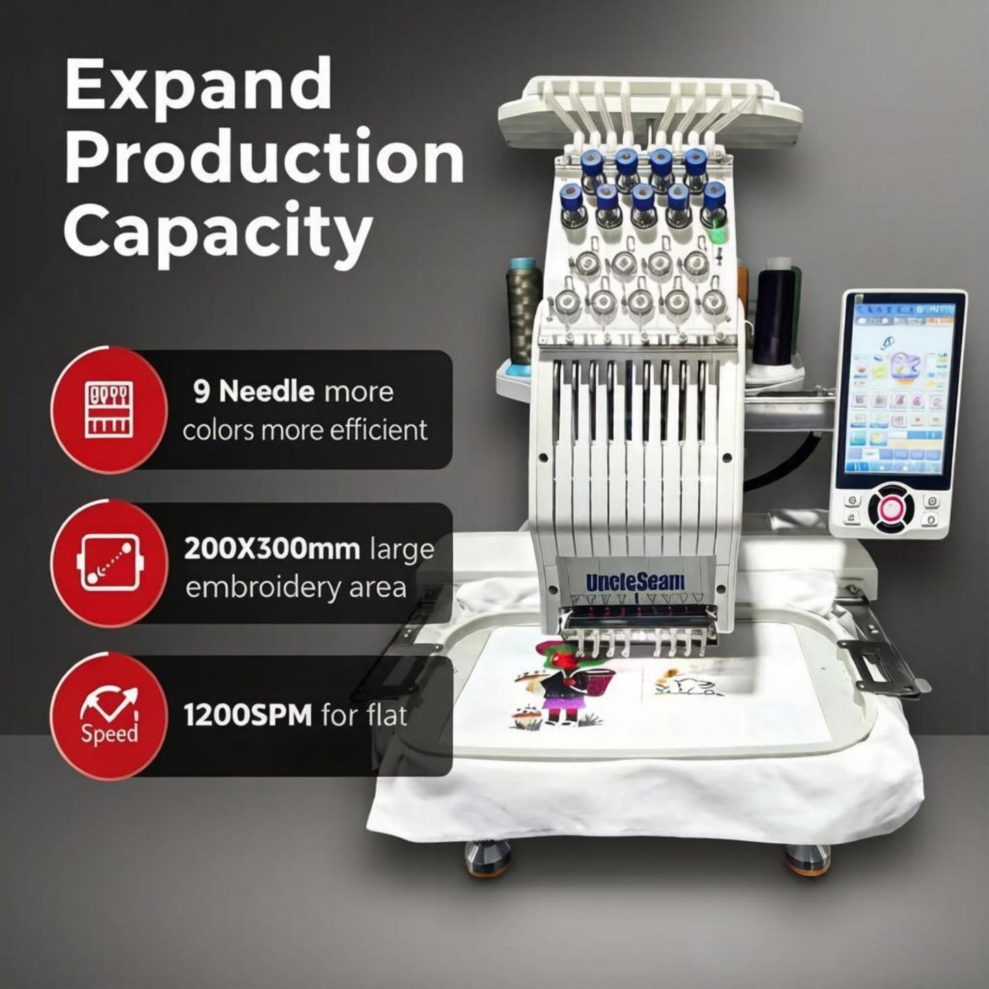 Compact Embroidery Machine with 9 Needles, 1200SPM Max Speed, 10“ Touch Screen, 8"x12" Embroidery Area, For Flat, Hat, T-shirt etc.