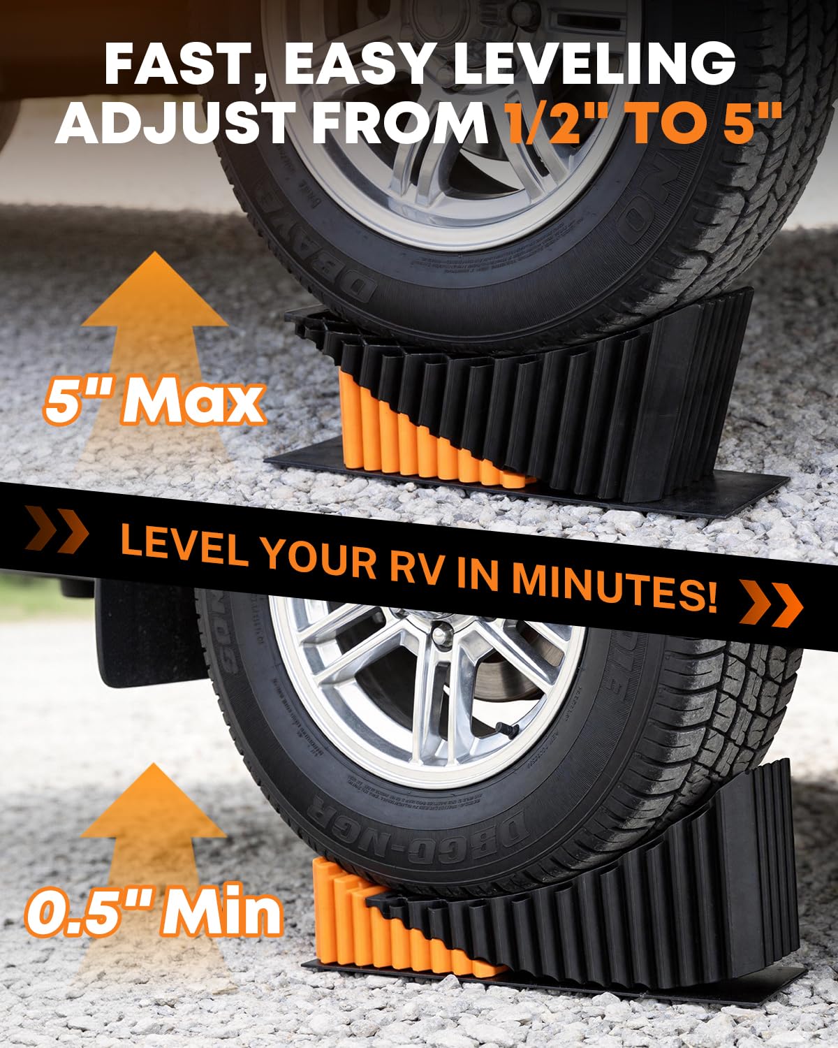 Kohree RV Leveling Blocks, Levels Up to 5", Supports Up to 50,000 lbs, Curved Camper Levelers with Wheel Chocks, Rubber Mats & Carry Bag for Travel Trailers & Fifth Wheels, Orange