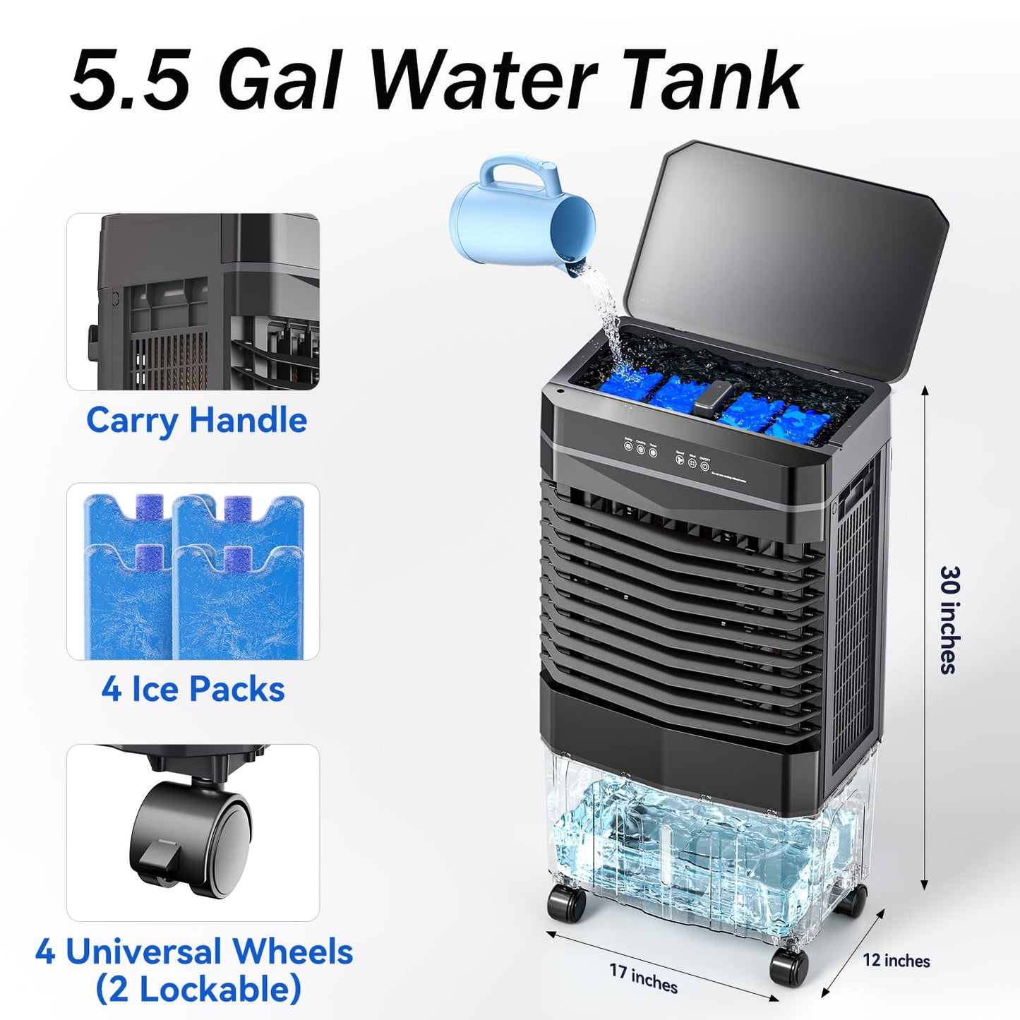 Auertech 5.5 Gal Swamp Cooler, 1800 CFM Evaporative Air Cooler with 3 Speeds, 12H Timer, 120°Oscillation, Windowless Room Cooling Fan with 4 Ice Packs, Portable Air Cooler for Indoor, Garage, Bedroom