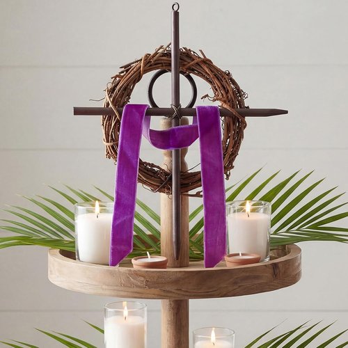 Dingion Mini Crown of Thorns Nail Cross Wreath Decor - Purple Velvet Ribbon, 7in Christian Catholic Design