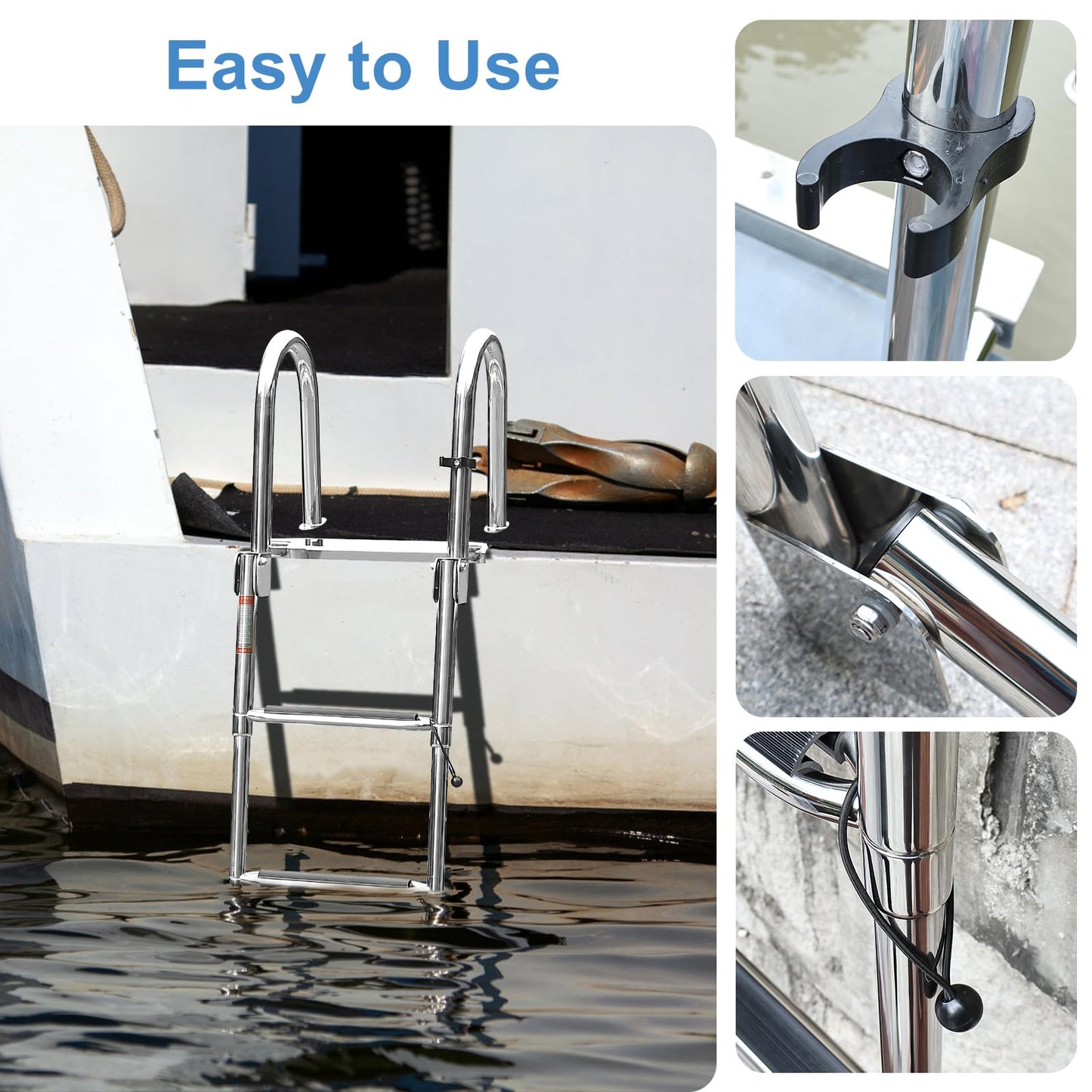 Amarine Made Dock Ladder, 4 Step Pontoon Boat Ladders, Stainless Steel Telescoping Boat Ladder, Marine Folding Ladder with Handrails, Dock Steps for Boats, Load Capacity-440lb