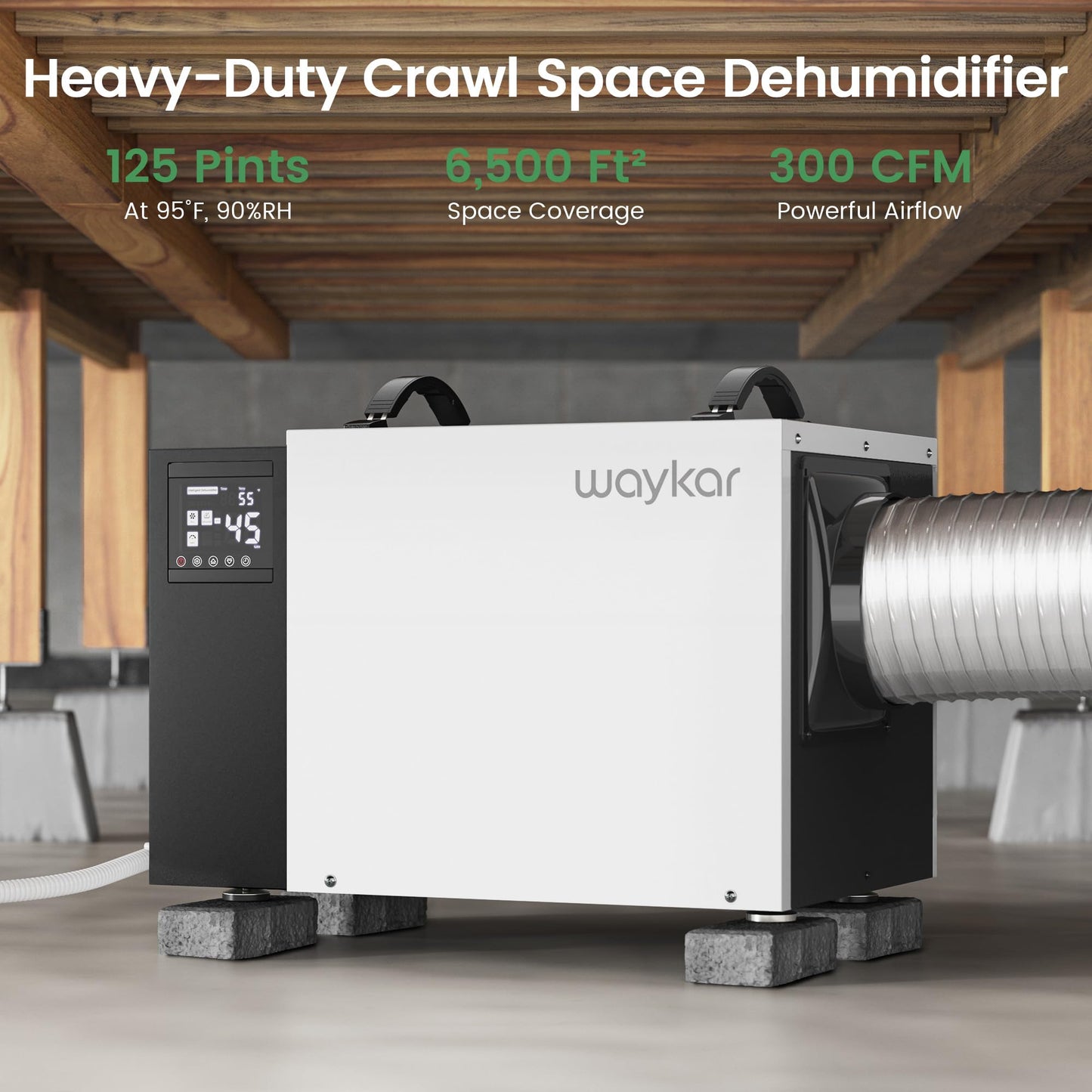 Waykar 125 Pint Crawl Space Dehumidifier with Drain Hose for Basements, Commercial & Water Damage Spaces up to 6500 Sq. Ft., Compact, Strong Dehumidification, 5-Year Quality Coverage