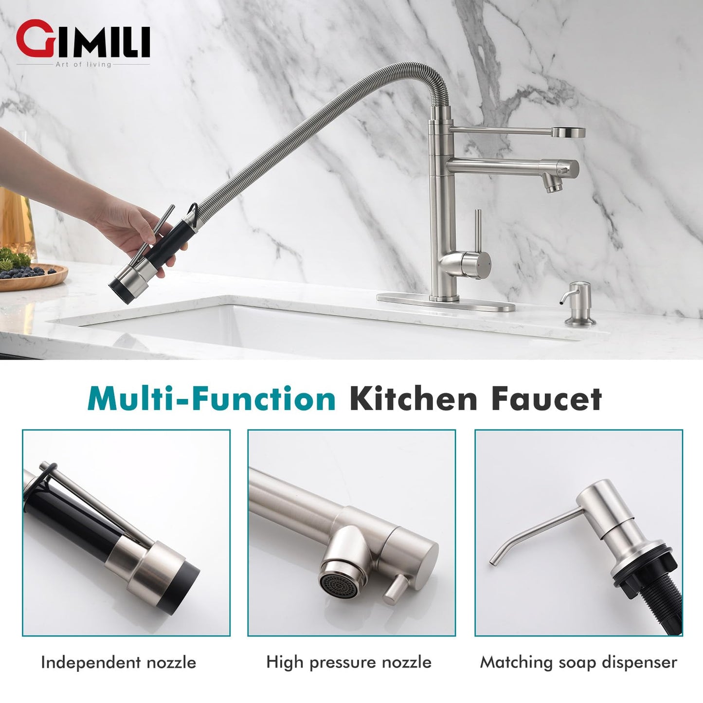 GIMILI Kitchen Faucet with Soap Dispenser Commercial Kitchen Faucet with Pull Down Sprayer Double-Headed Single Handle Spring Stainless Steel Brushed Nickel Kitchen Sink Faucet