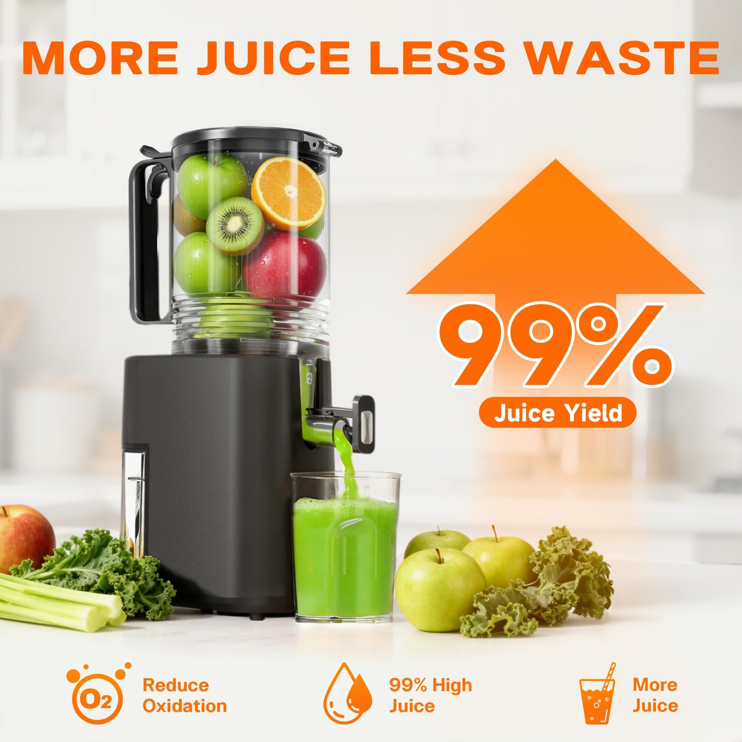 Cold Press Juicer with 5.5" Wide Feed Chute, Slow Masticating Juicer Machine for Whole Fruits & Vegetables, High Juice Yield, Gray