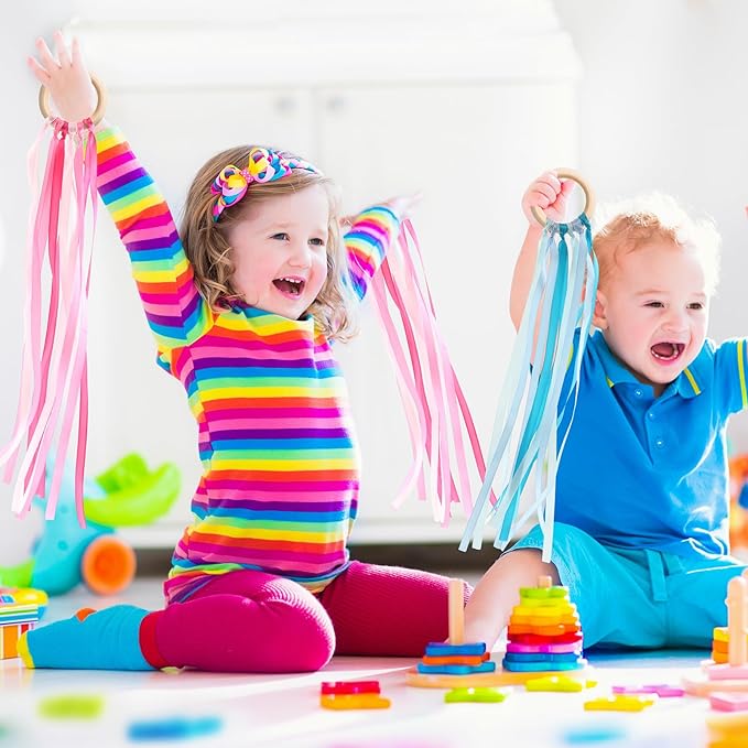 Deekin 12 Pcs Rainbow Ribbon Wooden Waldorf Toys Creative Waldorf Hand Kite Set Streamers with Wood Ring Sensory Learning Educational Toy for Playroom Dancing Birthday(Cute Color)