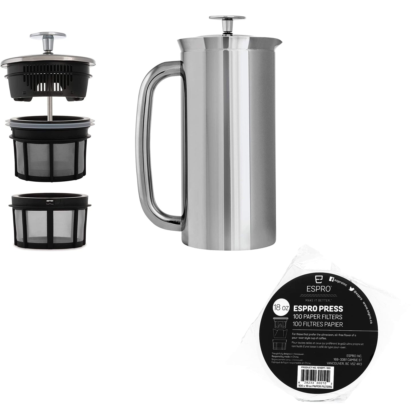 ESPRO - P7 French Press - Double Walled Stainless Steel Insulated Coffee and Tea Maker with Micro-Filter (Polished Stainless Steel, 18 Oz) Coffee Paper Filters (100 Count)