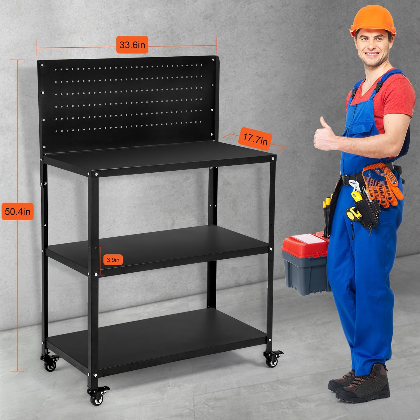OLBRUS 50.4 X 33.4 Inch Workbench,Heavy Duty 200LBS Steel Work Bench with Pegboard and Lockable Wheels, Rolling Tool Storage Work Table for Garage Workshop Warehouse (50.4" X 33.4")