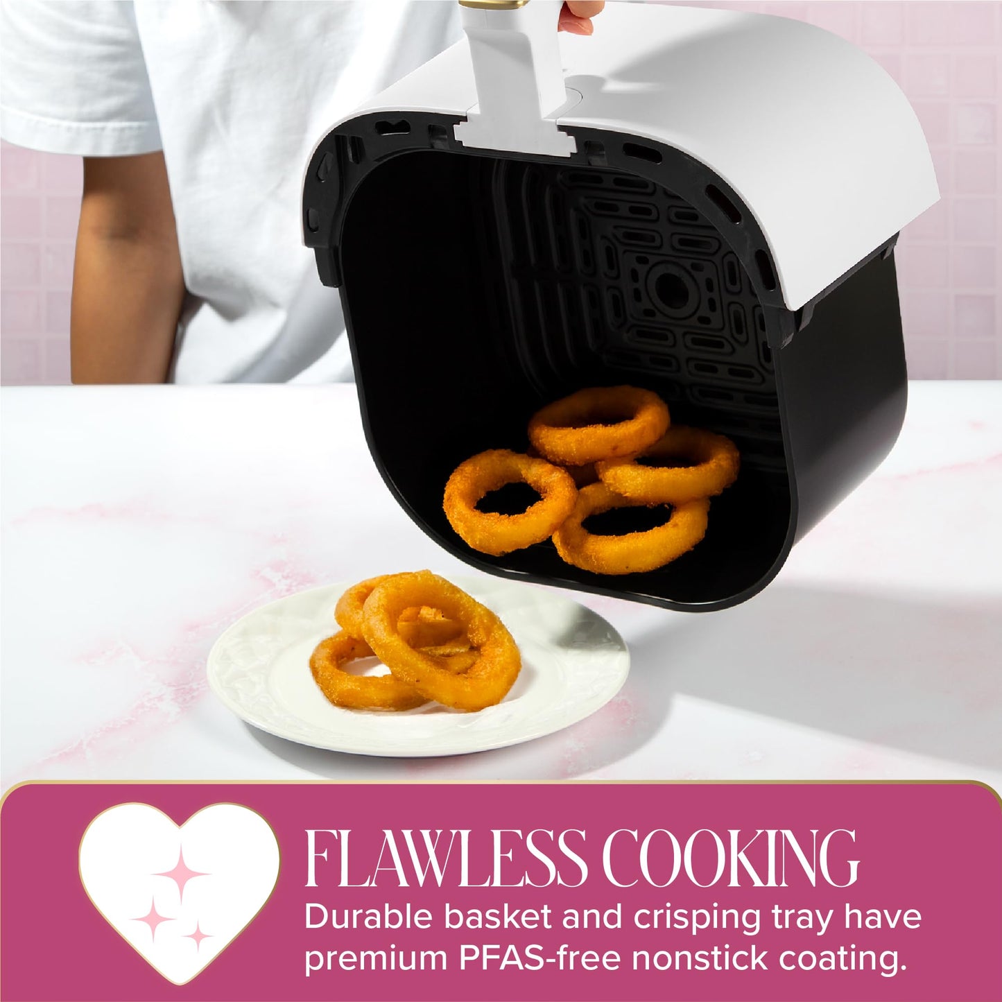 Paris Hilton Air Fryer, Large 6-Quart Capacity, Nonstick Made without PFAS, Touchscreen Display, 8-in-1 (Air Fry, Roast, Broil, Bake, Reheat, Keep Warm, Pizza, Dehydrate), Dishwasher Safe, White