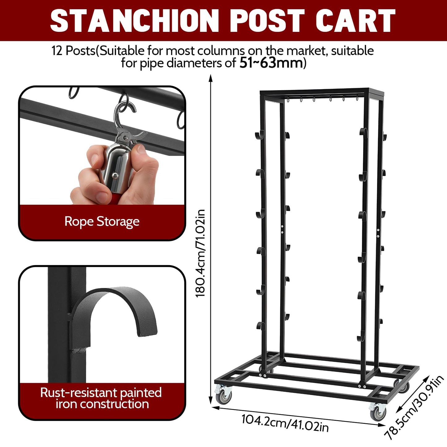 12 Poles Stanchion Cart Crowd Control Stanchion Cart Easy to Assemble Rope Storage, Locking Wheels for Safety