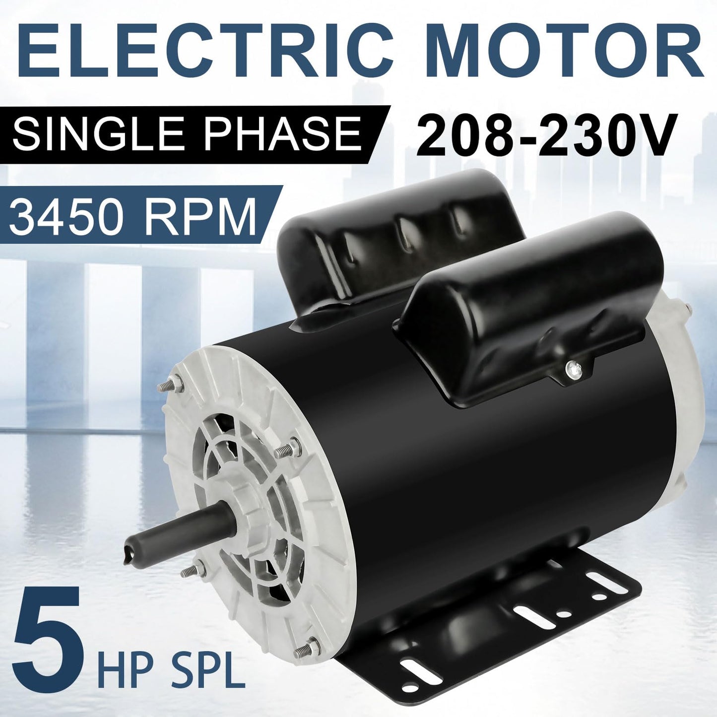 5 HP SPL Air Compressor Motor 3450RPM Single Phase Electric Motor 56 Frame 208-230V 5/8" Shaft Diameter ODP CCW Rolled Steel Shell