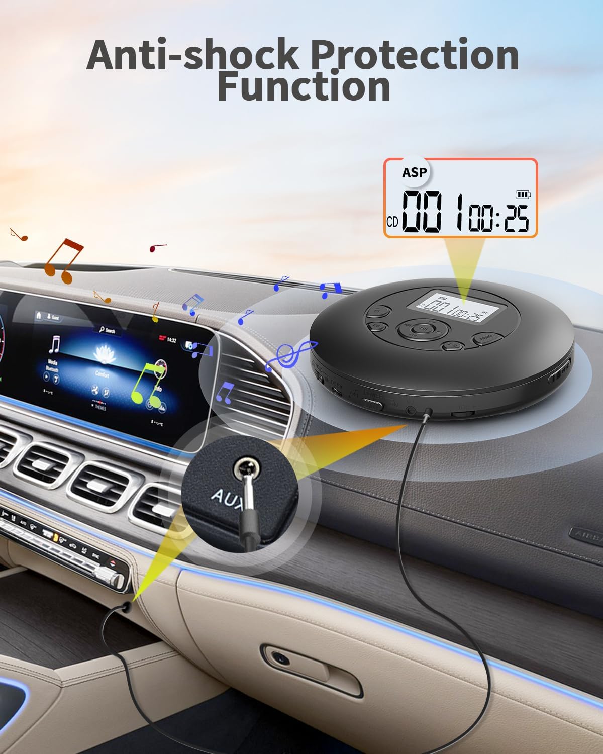 Arafuna Discman CD/MP3/WMA/TF Portable CD Player for Home & Car-Rechargeable CD Player with Anti-Skip, Large Backlit