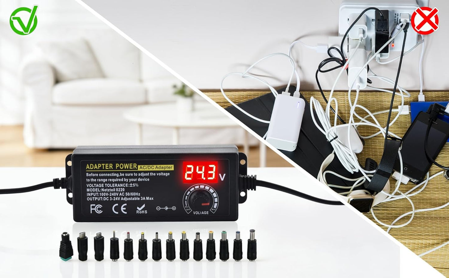 Amtake 72w 3V 24V 100V-240V Display,14pcs Tips,4-Way Universal Power Supply Adjustable DC ~ Variable Switching AC/DC