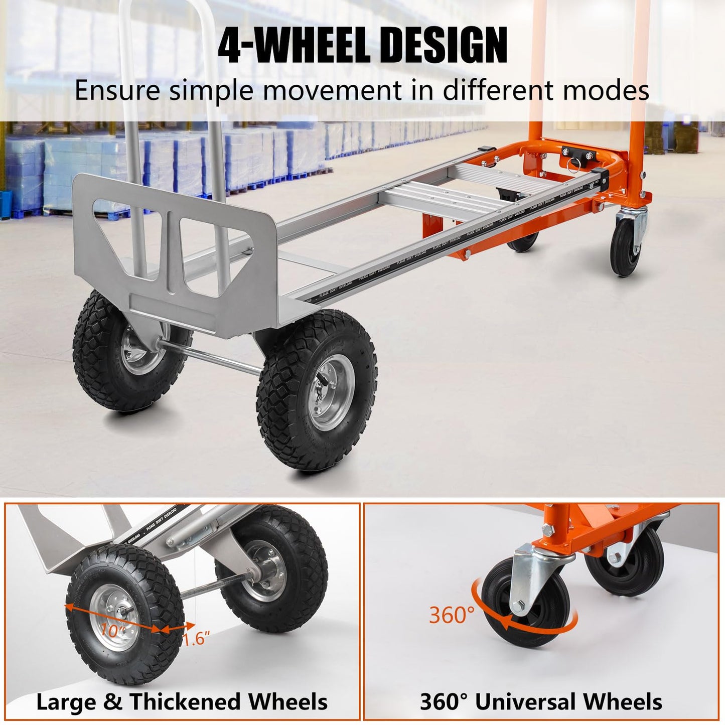 Hitgrand 3in1 Convertible Hand Truck, Aluminum Hand Trucks 880 lb Capacity, Utility Dolly Cart Converts from Hand Truck Dolly to Platform Cart 3 Positions for Transport & Moving with 10" Rubber Wheels