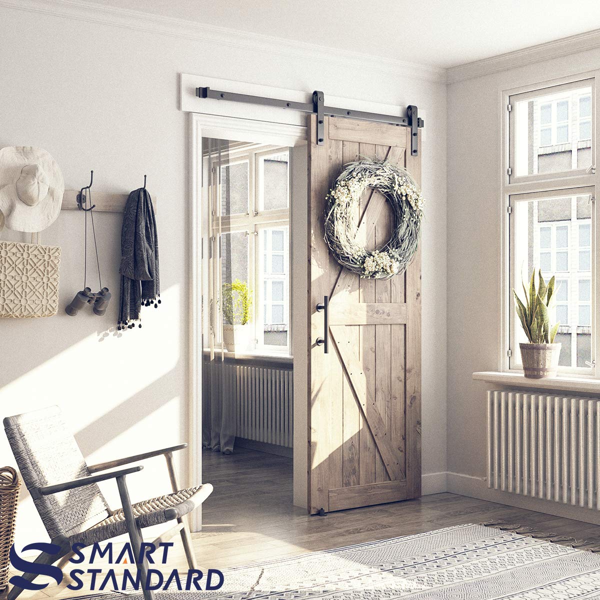 SMARTSTANDARD 5FT Sliding Barn Door Hardware Whole Kit (Include 5ft Track Kit & Pull Handle Set & Floor Guide), Smoothly and Quietly, Easy to Install, Fit 30" Wide Door Panel (J Shape)