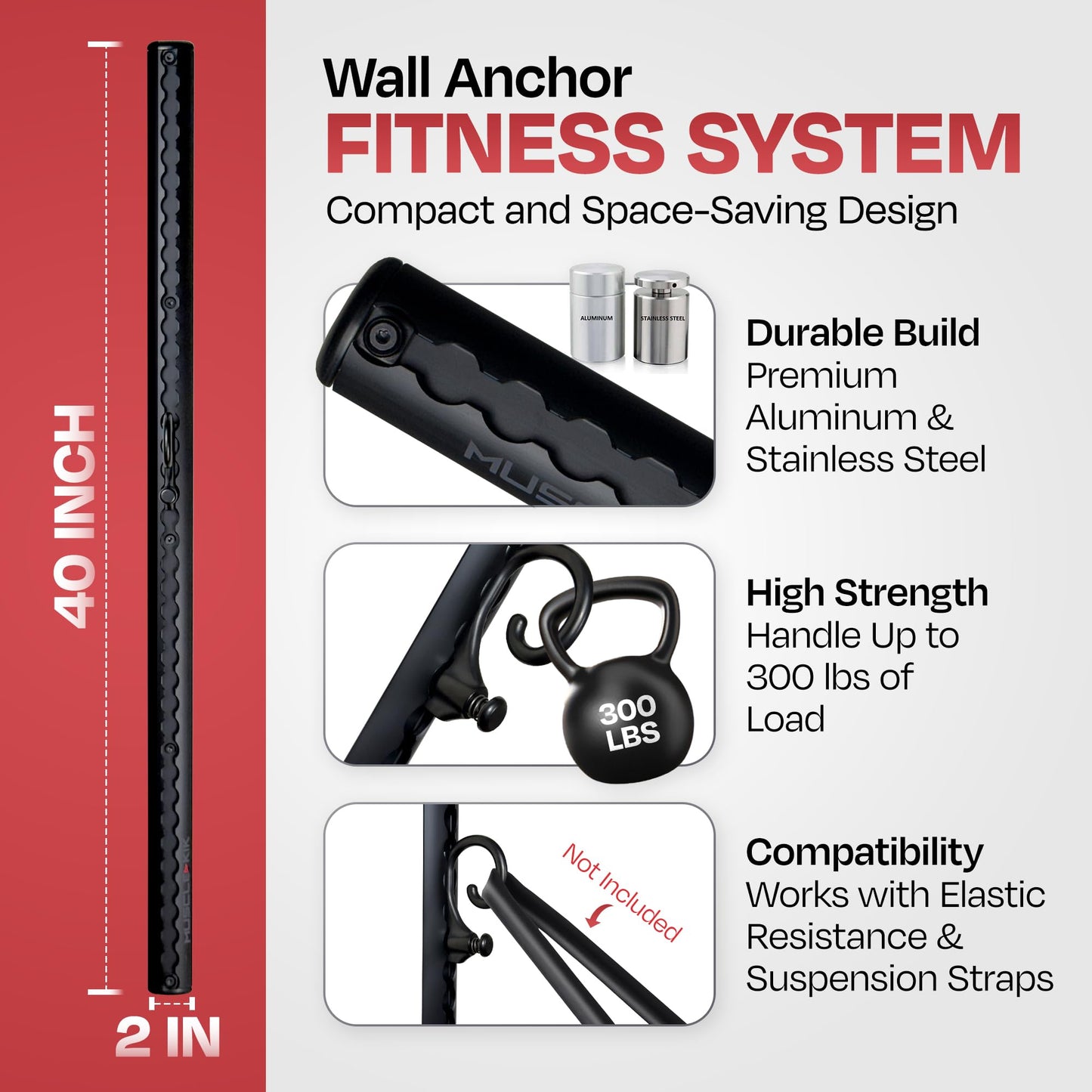 Aluminum Wall-Mounted Anchor Fitness System - Adjustable, Multi-Functional, Space Saving Home Gym Solution for Strength Training, 100+ Exercises, Easy Installation, 300lbs Capacity
