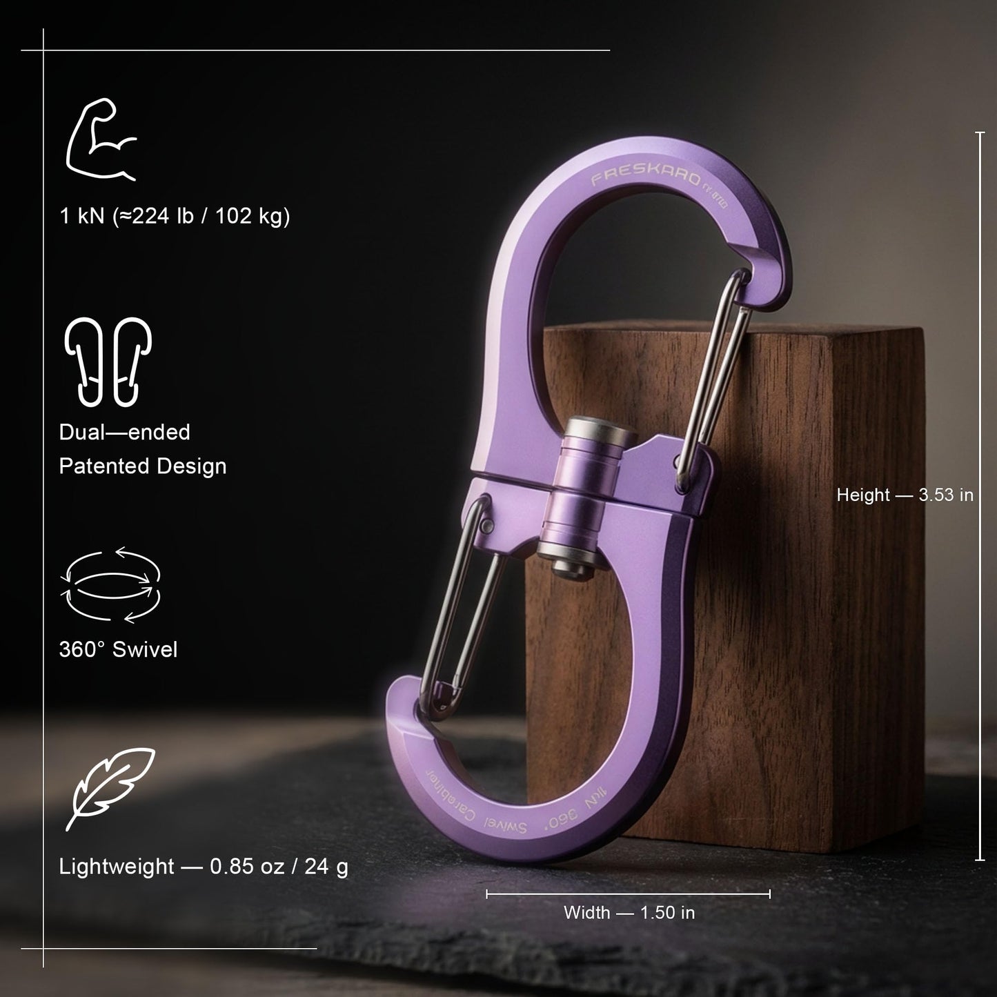 FresKaro 1kN Carabiner Clips, Heavy Duty Double-Ended Wire Gate Carbineers, Small Non Locking Carabiners, Key Clip and Keychain Hook, Strong Aluminum Spring Snap Karabiners, 360 Swivel, Purple 5pcs