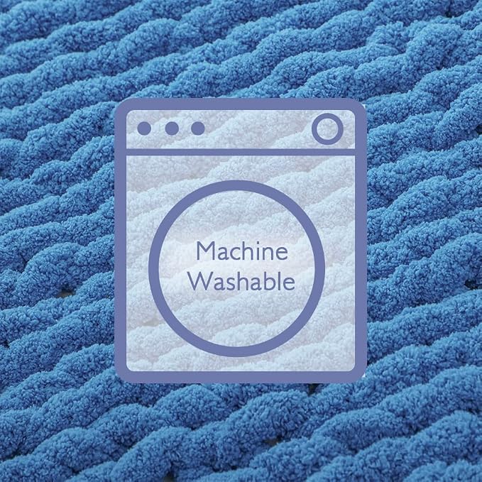 Bigacogo Chunky Knit Throw Blanket for Couch, 40x80 inches, 100% Hand Knitted with Thick Jumbo Chenille Yarn, Cozy Soft Large Rope Knot Cable Crochet Blankets for Sofa Bed Living Room, Bright Blue