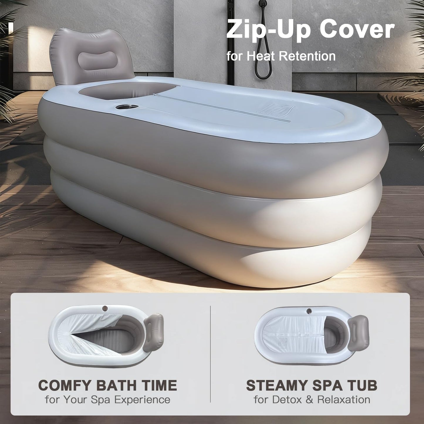 B&Y Portable Adult Soaking Bathtub, Ice Bath Tub Family Home Spa Tub with Zipper Cover, Designed with Headrest, Cup Holder (Air Pump Included) (Oval-145x80x45cm (without Machine))