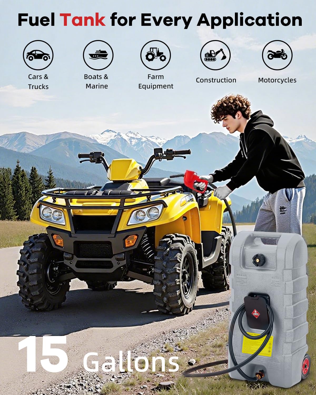 15 Gallon Gas Caddy, Heavy-Duty Gas Can and Fuel Caddy with Manual Fuel Transfer Pump, Portable Fuel Tank on Wheels with 10 ft Hose for Lawn Mowers, Cars, Boats, ATVs, Home and Farm Use, Grey