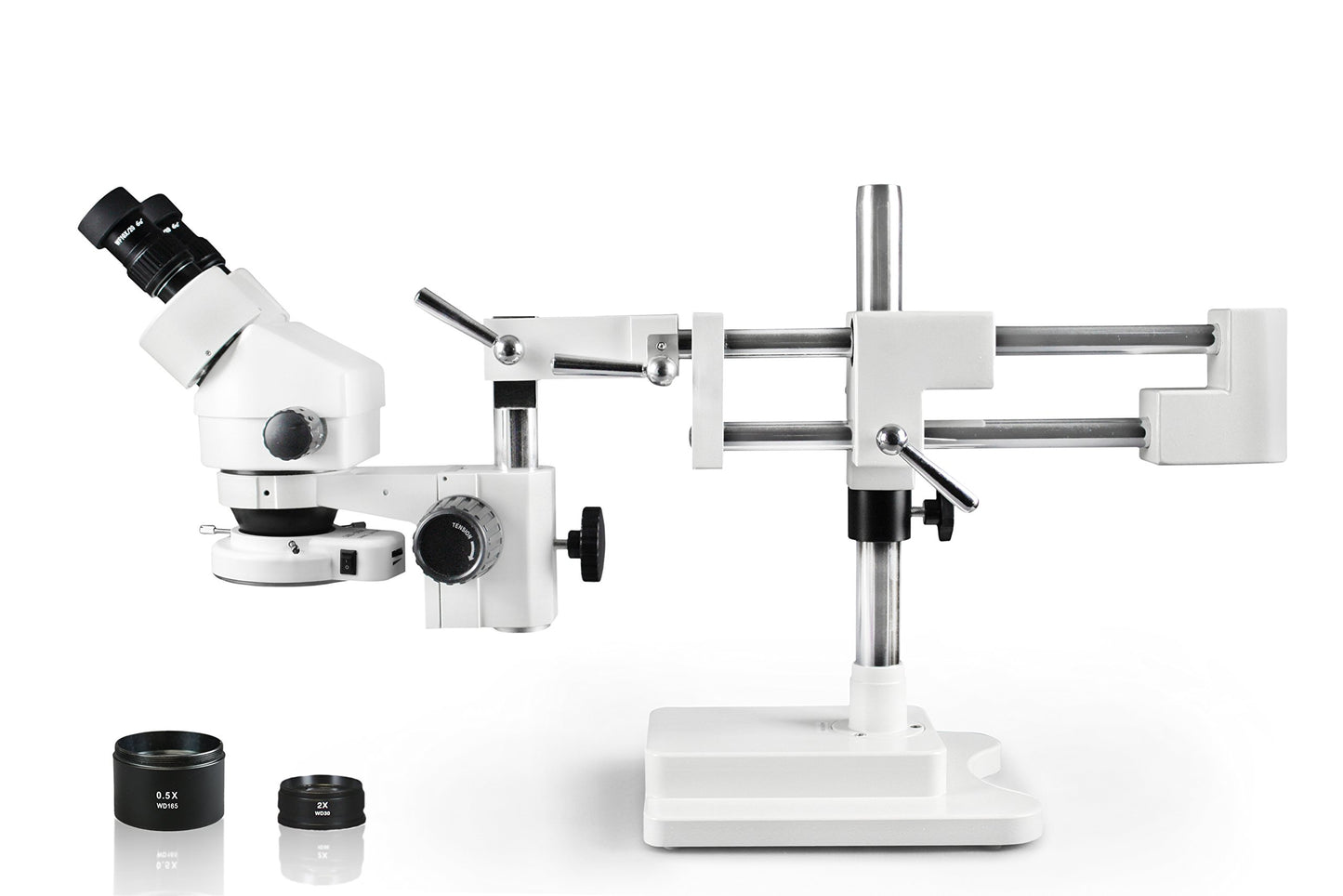 Vision Scientific VS-5EZ-IFR07 Binocular Zoom Stereo Microscope,10x WF Eyepiece,0.7X—4.5X Zoom, 3.5X—90x Magnification, 0.5X & 2X Auxiliary Lens,Double Arm Boom Stand,144-LED Four-Zone Ring Light