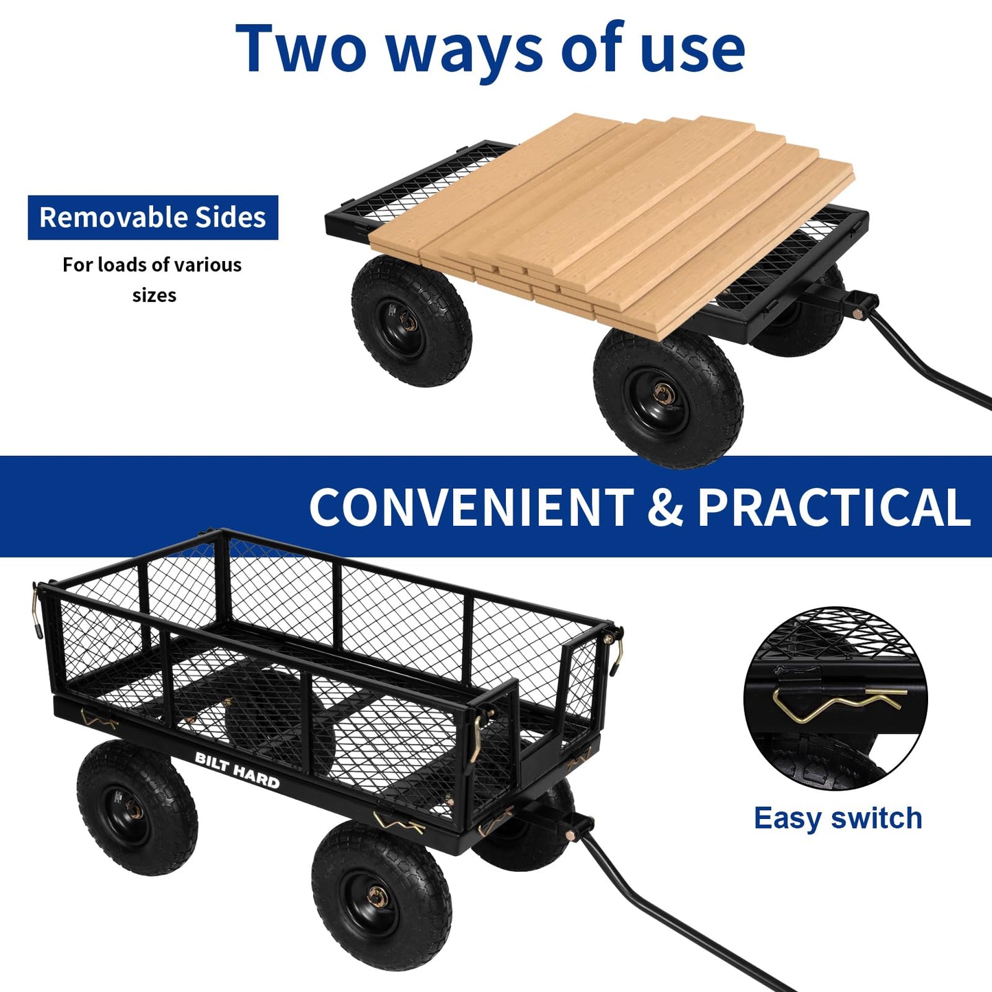 BILT HARD Heavy Duty 880 Lbs Capacity Mesh Steel Garden Cart, 4 Cu.Ft Heavy Duty Garden Cart with 180° Rotating Handle, Removable Sides, All Terrain Wheels, Capacity Utility Steel Wagons for Yard