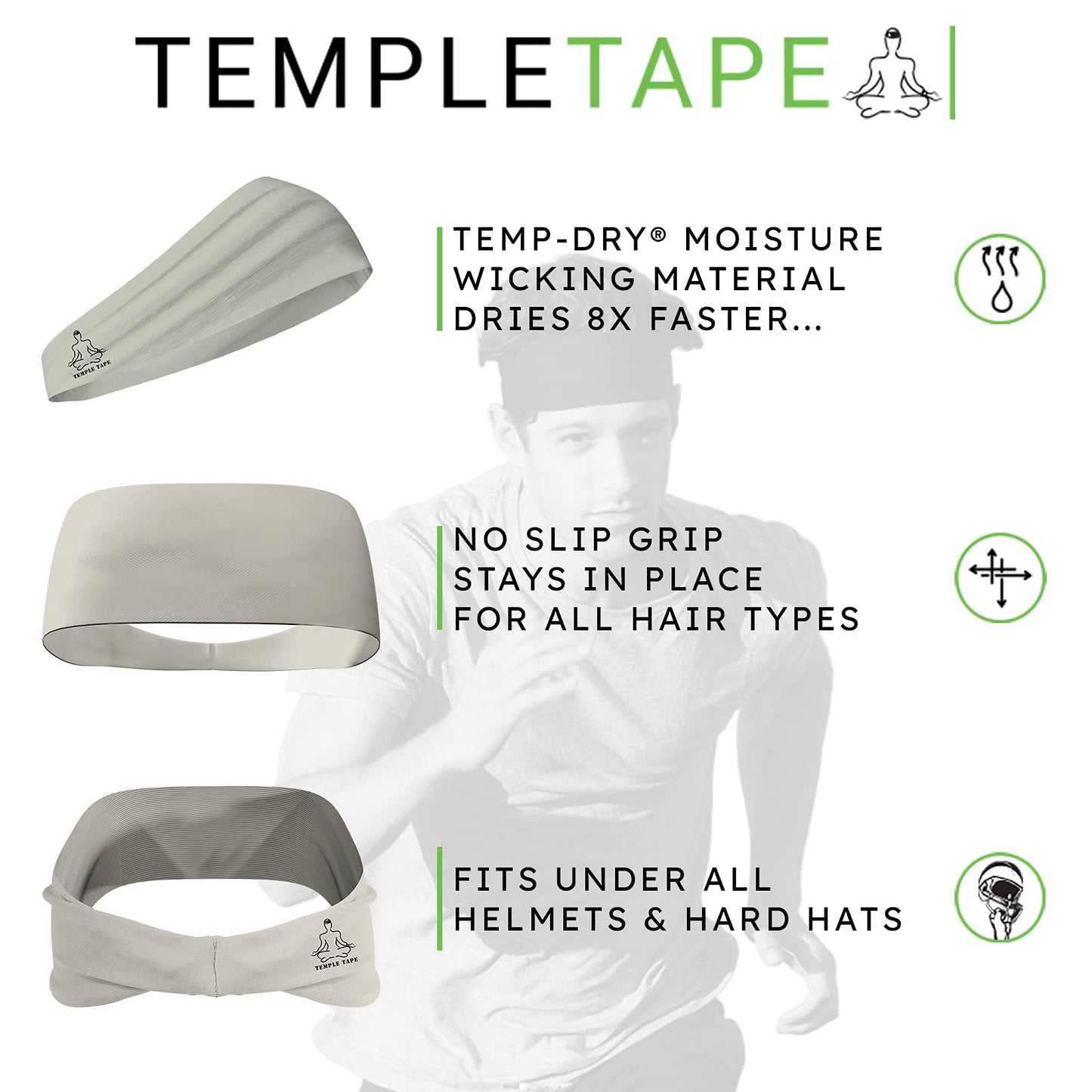 Temple Tape, Value 2-Pack, Mens Headband - Guys Sports Headbands Moisture Wicking Workout Sweatbands for Running, Cross Training, Skiing and Bike Helmet Friendly - 1-Black & 1-Gray Sweatband