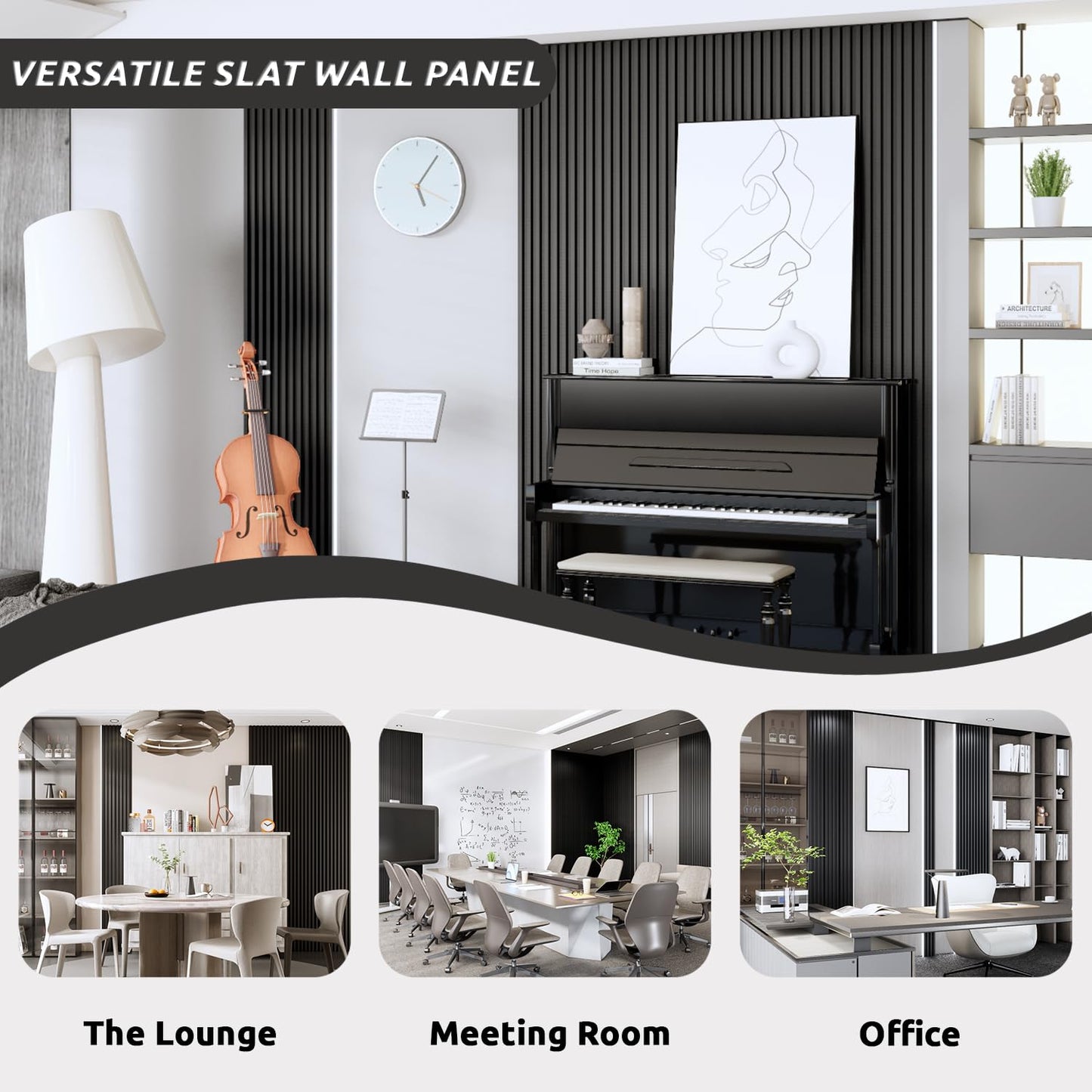 WPC Slat Wall Paneling, Modern Accent 3D Wall Panels, 8-Piece 94.5" x 6.3" TV Wall Panel, Bedroom, Living Room, Matte Black