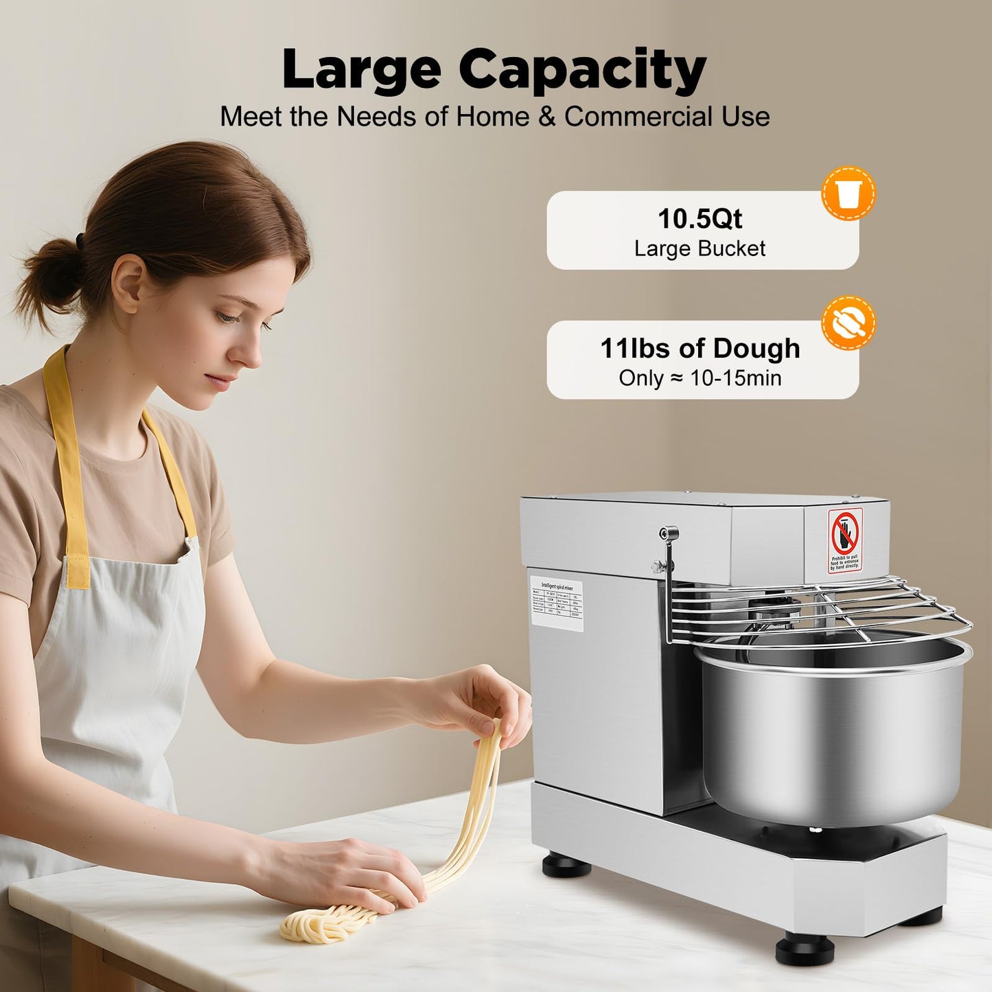 750W Commercial Food Mixer, 2.6Gal(10L) Dough Kneading Machine, 100/200 RPM Dual Speed, 360° Mixing, Copper Motor & Waterproof Switch, for Baking Dough, Whipping Cream, Mixing Salads (Silver)