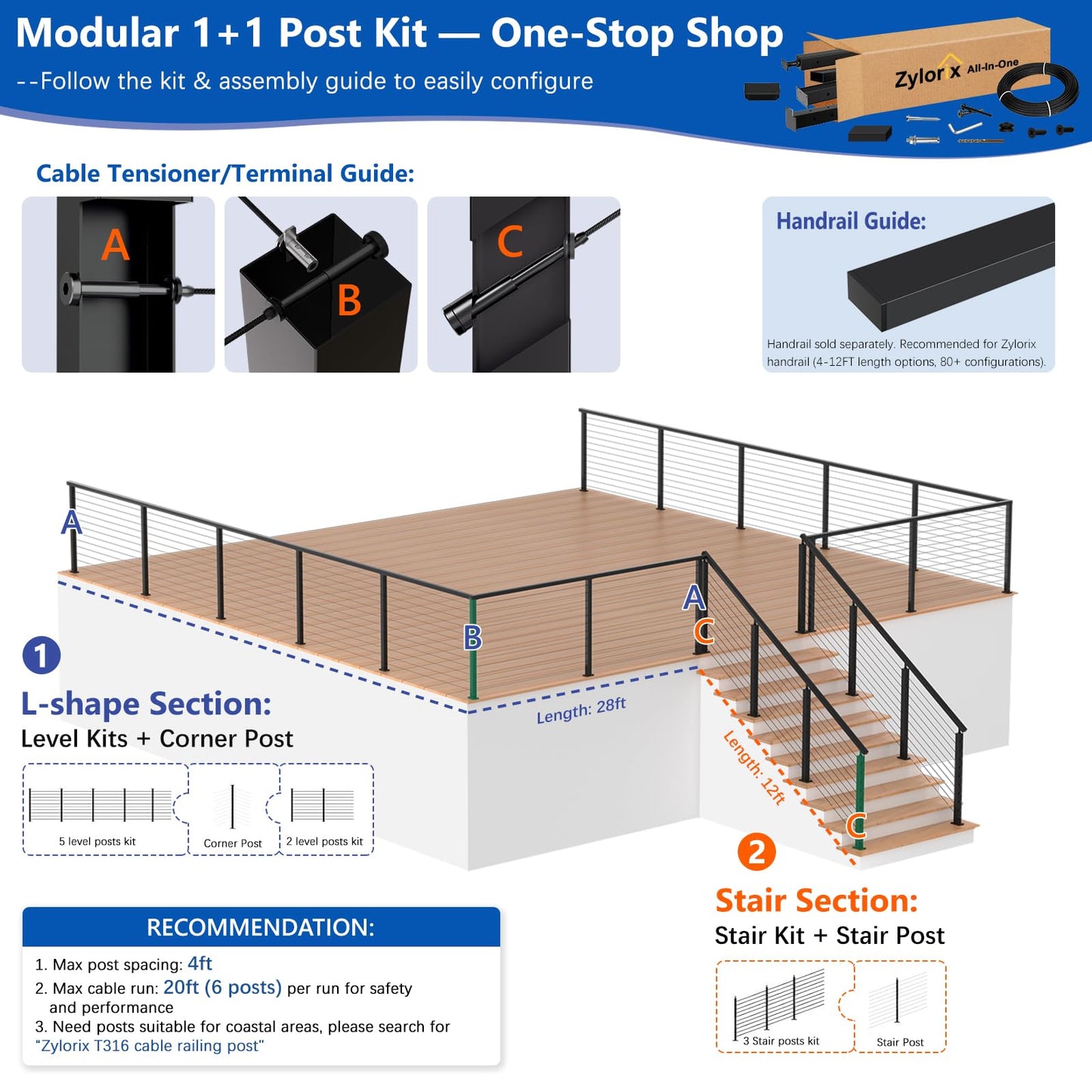 Zylorix 36" Modular 12-16FT Black T304 Cable Railing Post Kit, Complete Cable Railing System with 4 Level Posts & 177ft 1/8" Wire Rope(No Handrail), Adjustable Length Easy DIY for Decks/Porch