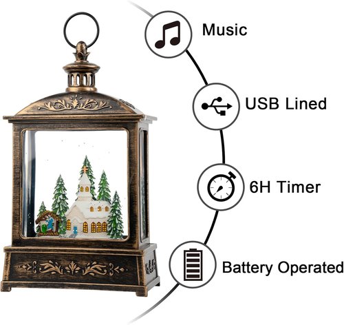 Musical Snow Globe Lantern by [Brand Name] - Lighted Church with Nativity Scene | Glittering Christmas Decoration, Battery or USB Powered
