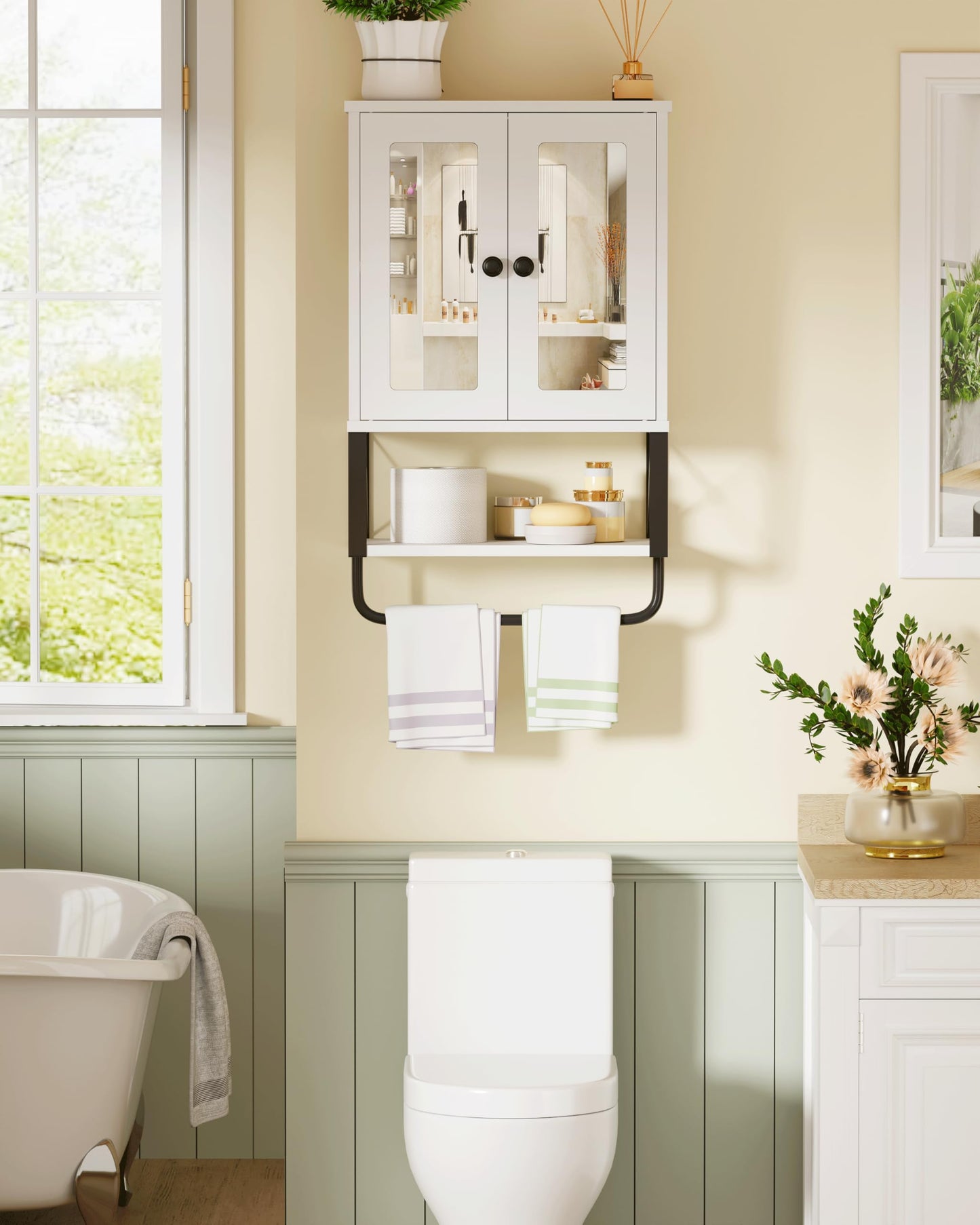 BEWISHOME Bathroom Wall Cabinet with Mirror, Wall Mounted Medicine Cabinet Over The Toilet with Towel Bar and Adjustable Shelf, 7.1" D x 15.4" W x 24.4" H, White YYG10W