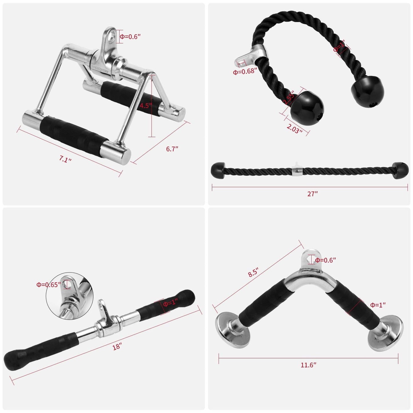DYNASQUARE Tricep Press Down Cable Machine Attachment, Body Building, LAT Pulldown Attachments, Home Gym Accessories, Double D Handle, V Bar, Tricep Rope, Pull Down Bar