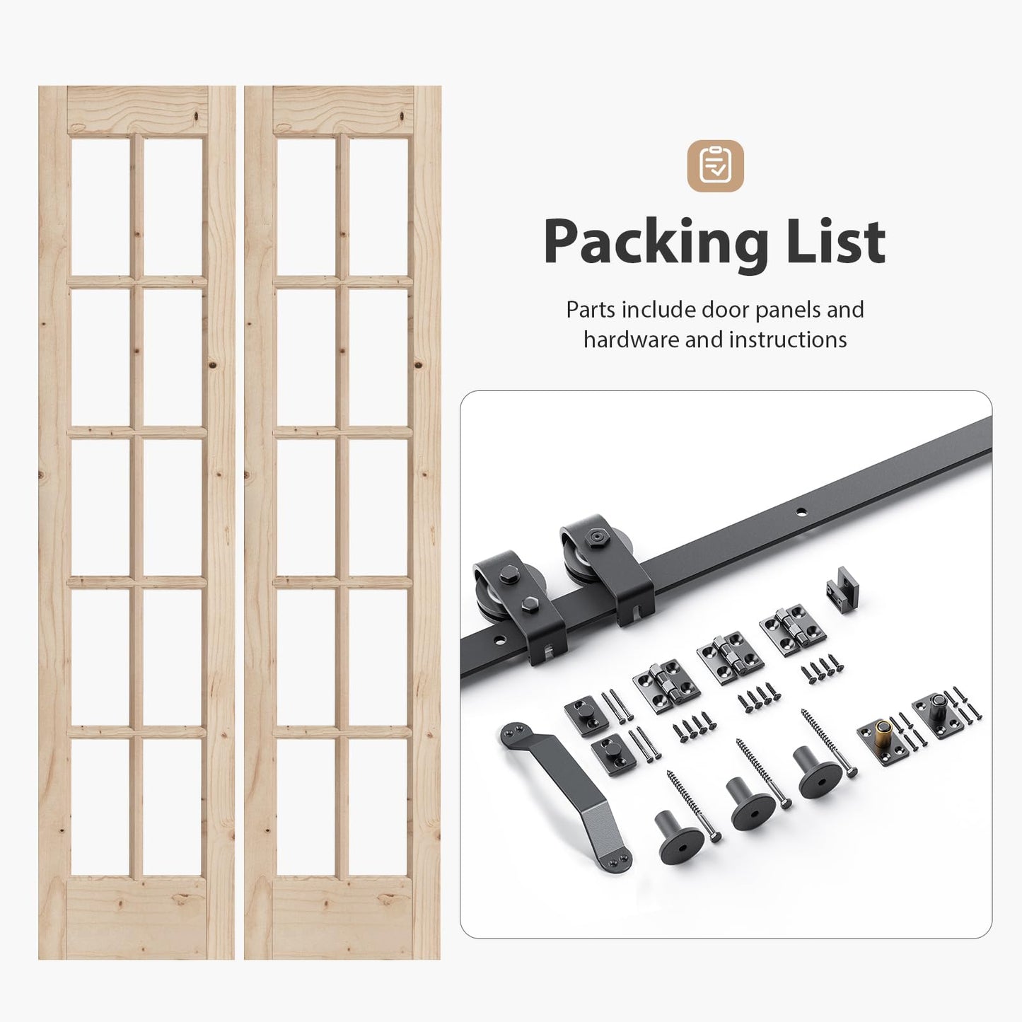 Easelife 42in x 84in(Double 21x84inch) Bifold French Glass Door,Sliding Folding Barn Doors with 3.8FT Hardware Track kit Included,Preassembled,Easy Install