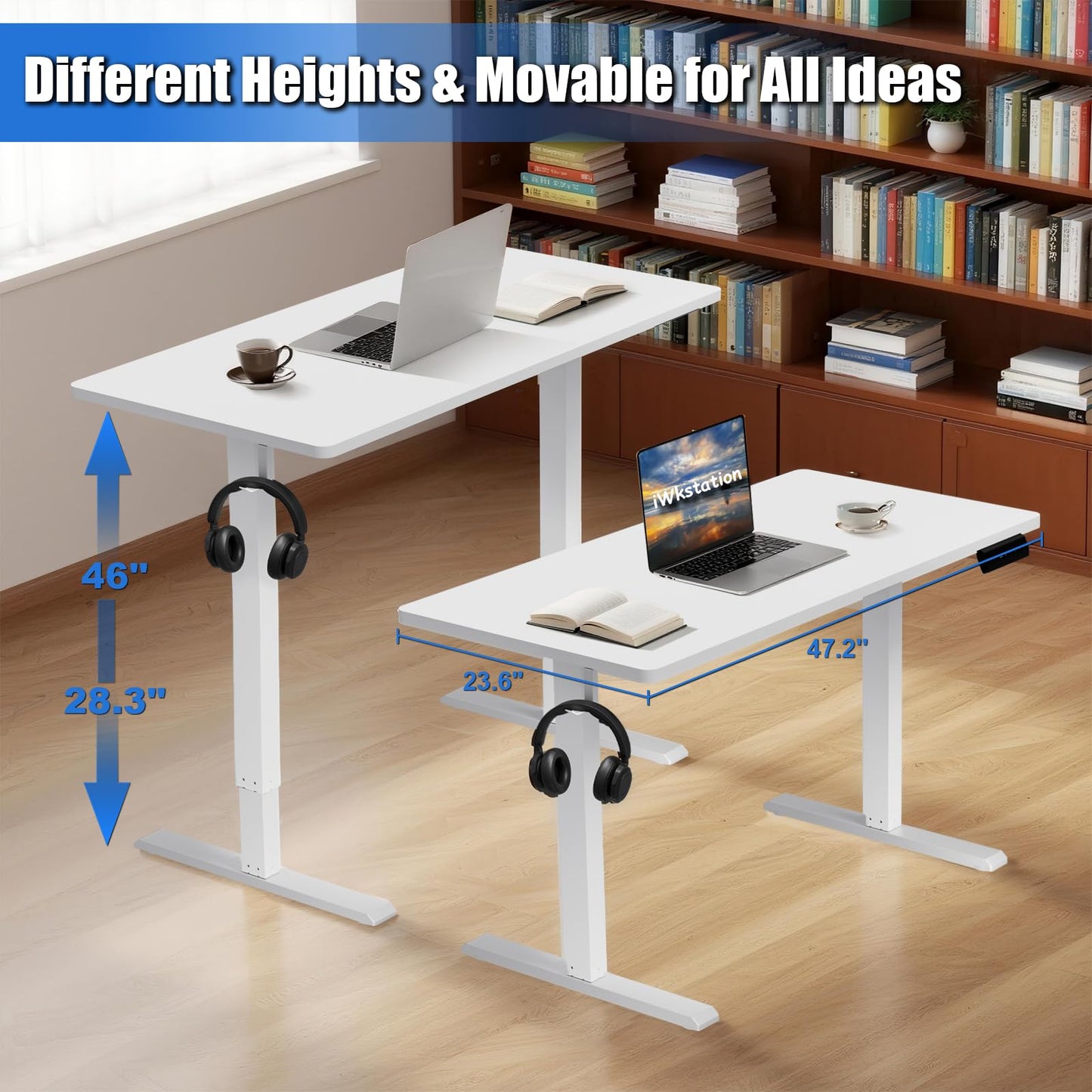 Whole Piece Standing Desk with Wheels Adjustable Height- Mobile Stand up Desk with Lockable Casters, Portable Sit Stand Desks Electric for Home & Office Workstation