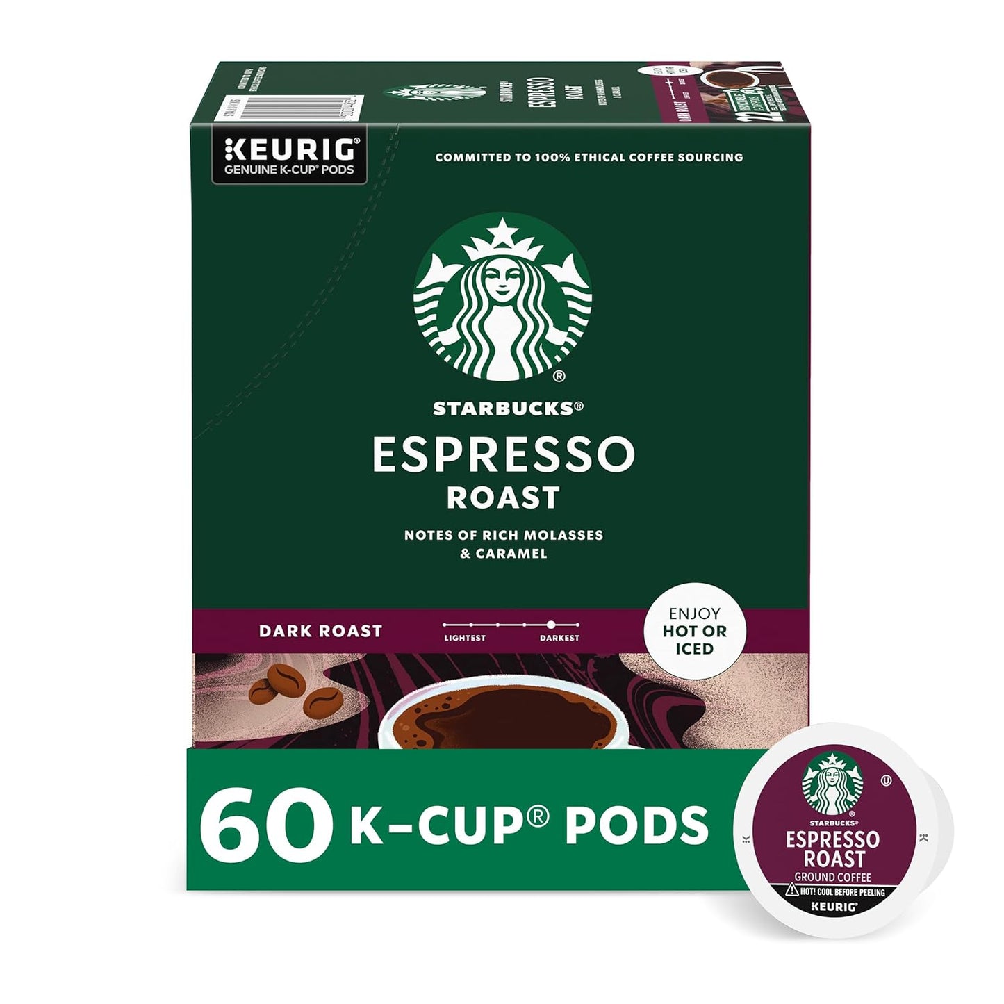 Starbucks K-Cup Coffee Pods - Dark Roast Espresso Blend | 100% Arabica, 60 Pods (6 Boxes)
