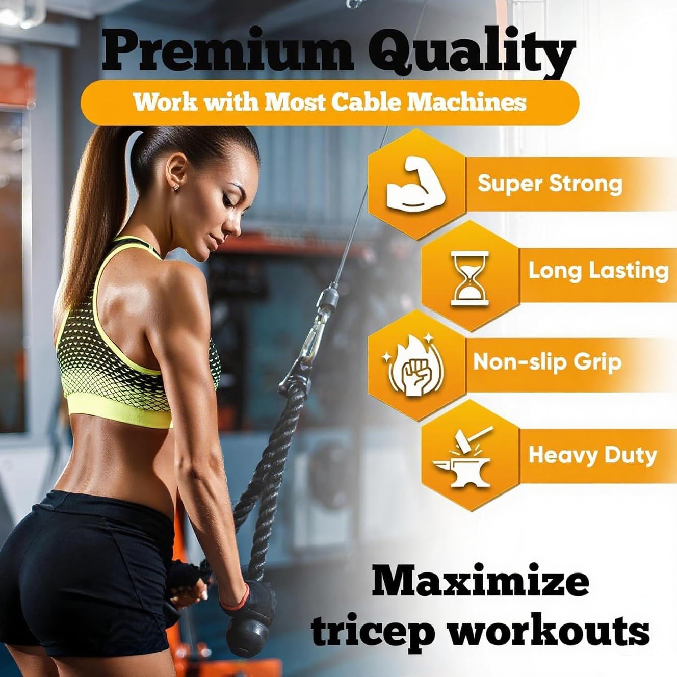 Double Length Tricep Rope for Cable Machines - 55 Inch Heavy Duty Pulldown Attachment, 4ft 7in Gym Strength Training Accessory & Home Workout Equipment (55in)