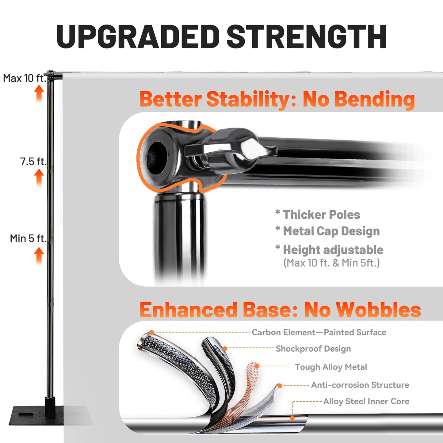 Heavy Duty Pipe and Drape Frame Kit 10x10ft Adjustable Height/Width Photography Background Support Poles All-Metal Construction Backdrop Stand for Party, Birthday, Wedding - Black