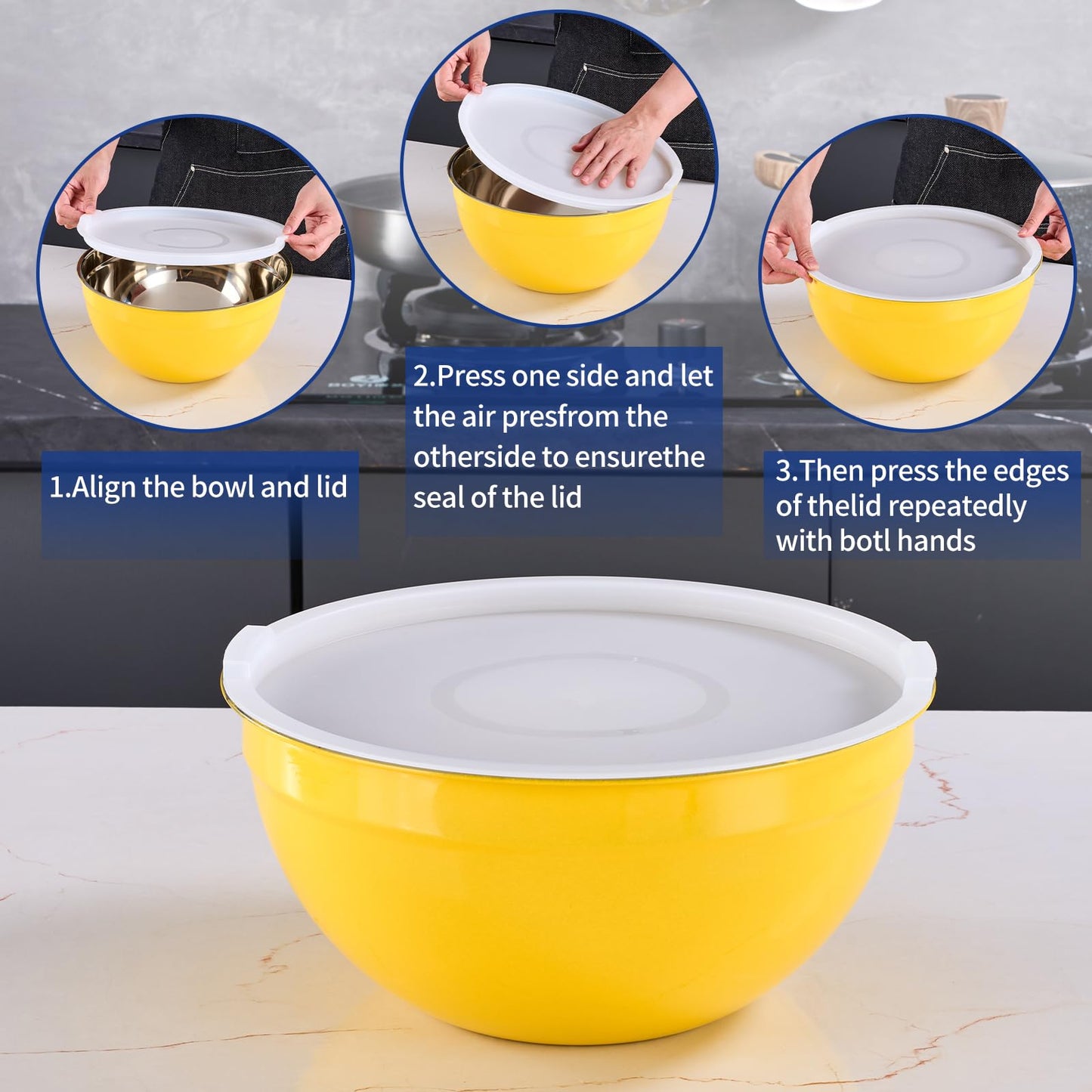 Onlycooker Yellow Mixing Bowls With Airtight Lids,Stainless Steel Bowl,Salad Bowls 7 Piece Colorful Nesting Bowl Yellow Kitchen Accessories,Size 7,3.6,2.7,2.1,1.5,1.1,0.8QT Stackable Design