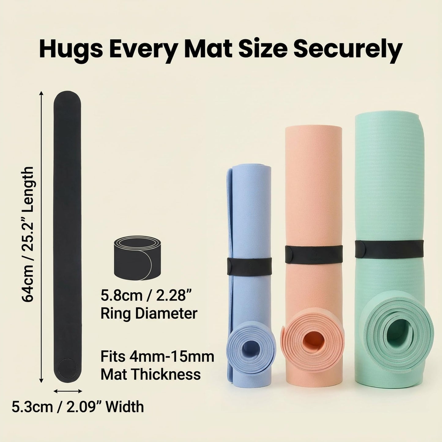 Yoga Mat Strap Slap Band- Extended Silicone Self-Rolling Mat Tie with Suction Cup Grip - Silent Snap Holder & Carrier for Thick Mats, Foam Rollers(25"L x 2"W) (Black)