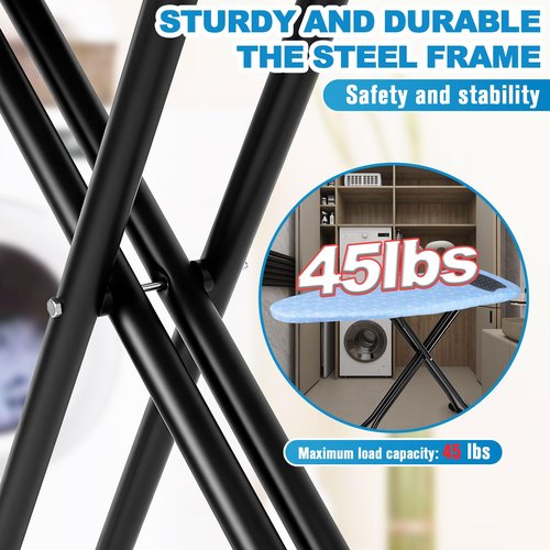 Ironing Board with Silicon Iron Mat Heavy Metal Frame Legs Iron Stand for Home, Laundry Room, Foldable Compact Ironing Board Wall Mount Hanger, Height Adjustable, 13x43in