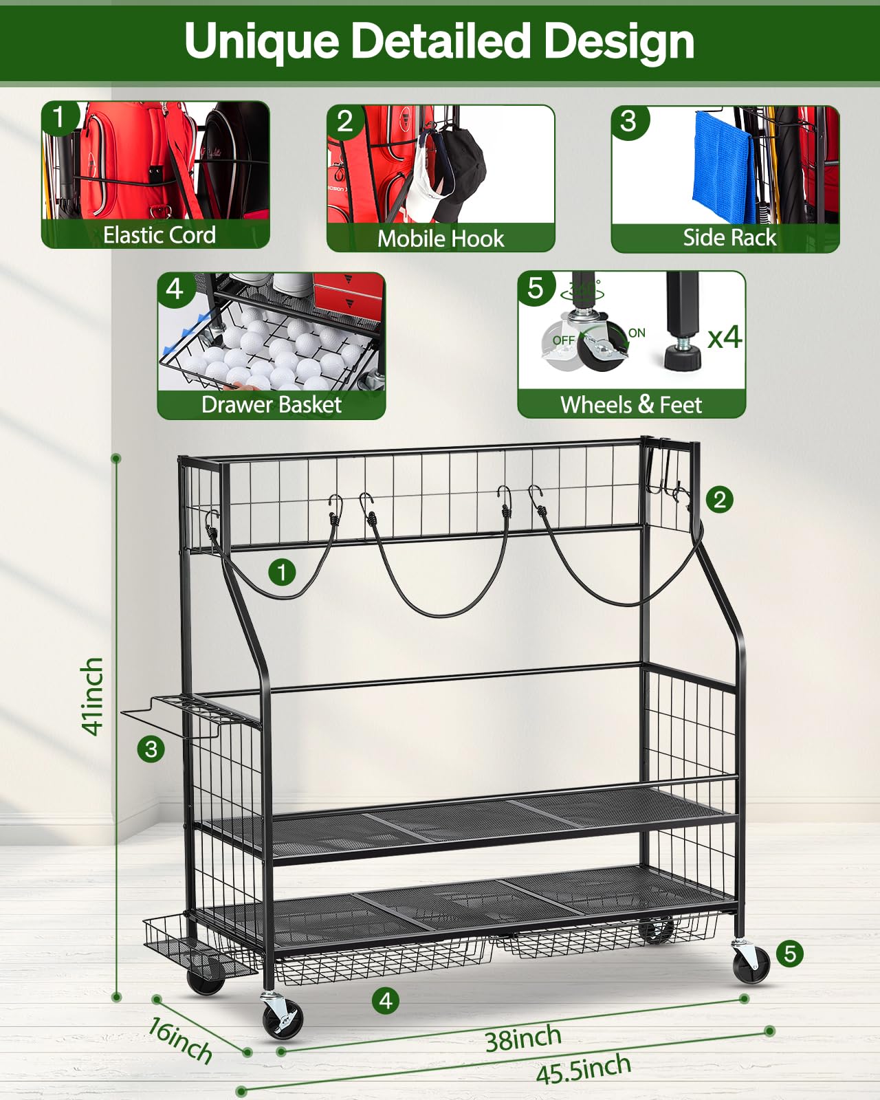 FHXZH 3 Golf Bag Storage Garage Organizer, Golf Bag Stand Fit for 3 Golf Bags, Golf Clubs, Golf Balls, Golf Equipment Accessories, Storage Rack with Wheels for Garage, Club, Shed, Basement