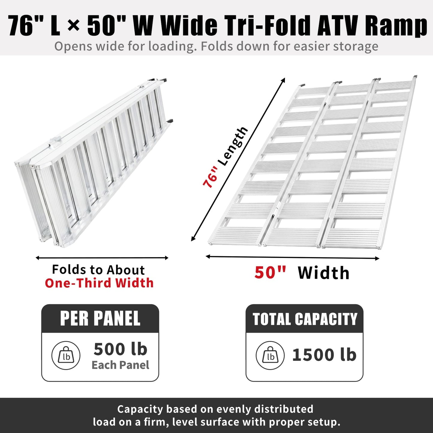MAXIVAMN Aluminum Tri-Fold ATV Loading Ramp, 76" x 50" Wide Platform, 1500 lb Capacity with Safety Straps for Lawn Mower, Snow Blower, Motorcycle, Pickup Truck