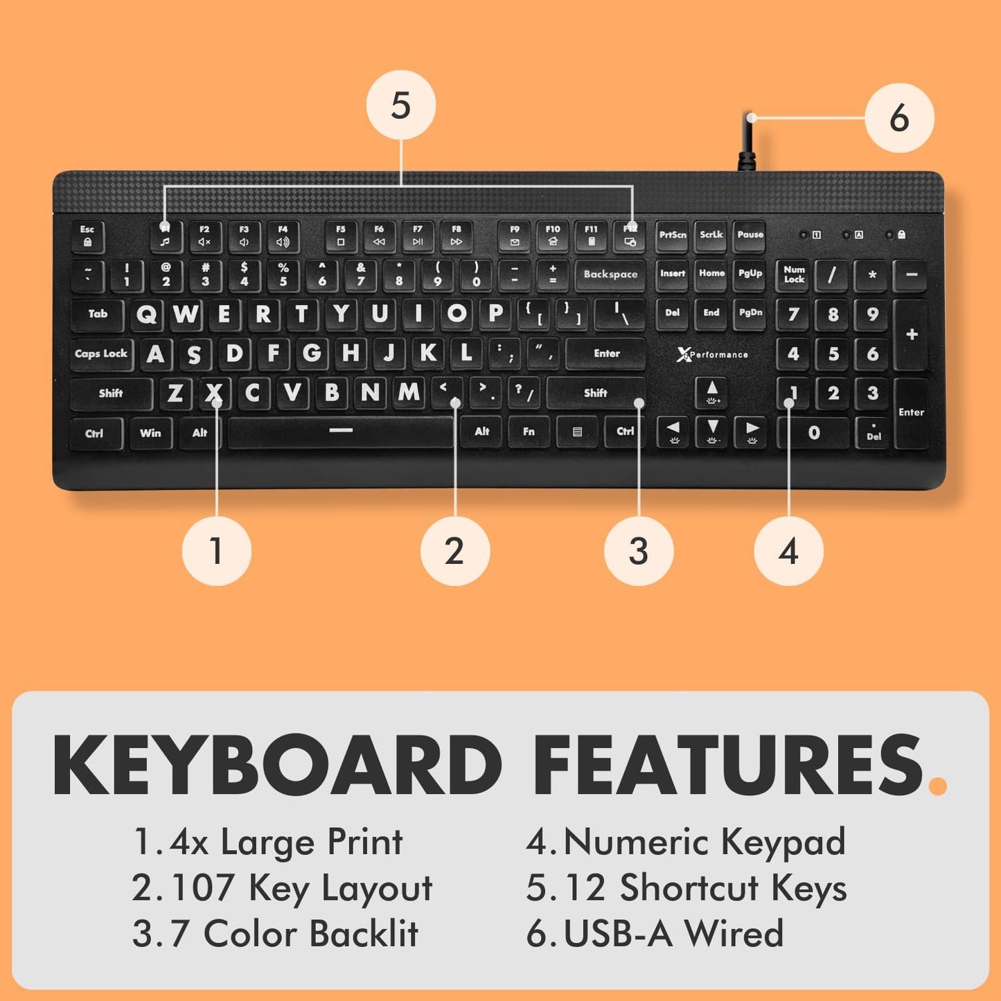 X9 Performance 7 4 Wired Keyboard and Mouse Combo - Large Print Backlit Keys for Seniors, Lighted Computer Keyboard