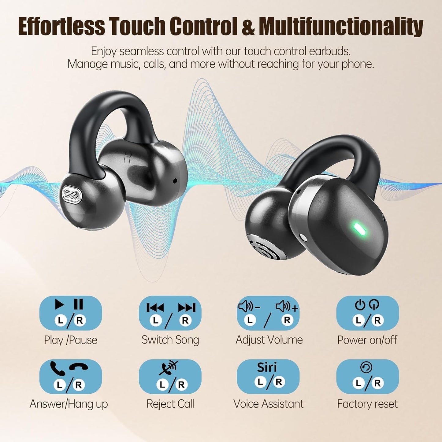 Fhumsh 5.4 40H Commuting Open Ear Headphones, Bluetooth Clip On Headphones, Playtime Wireless Stereo Earbuds with LED