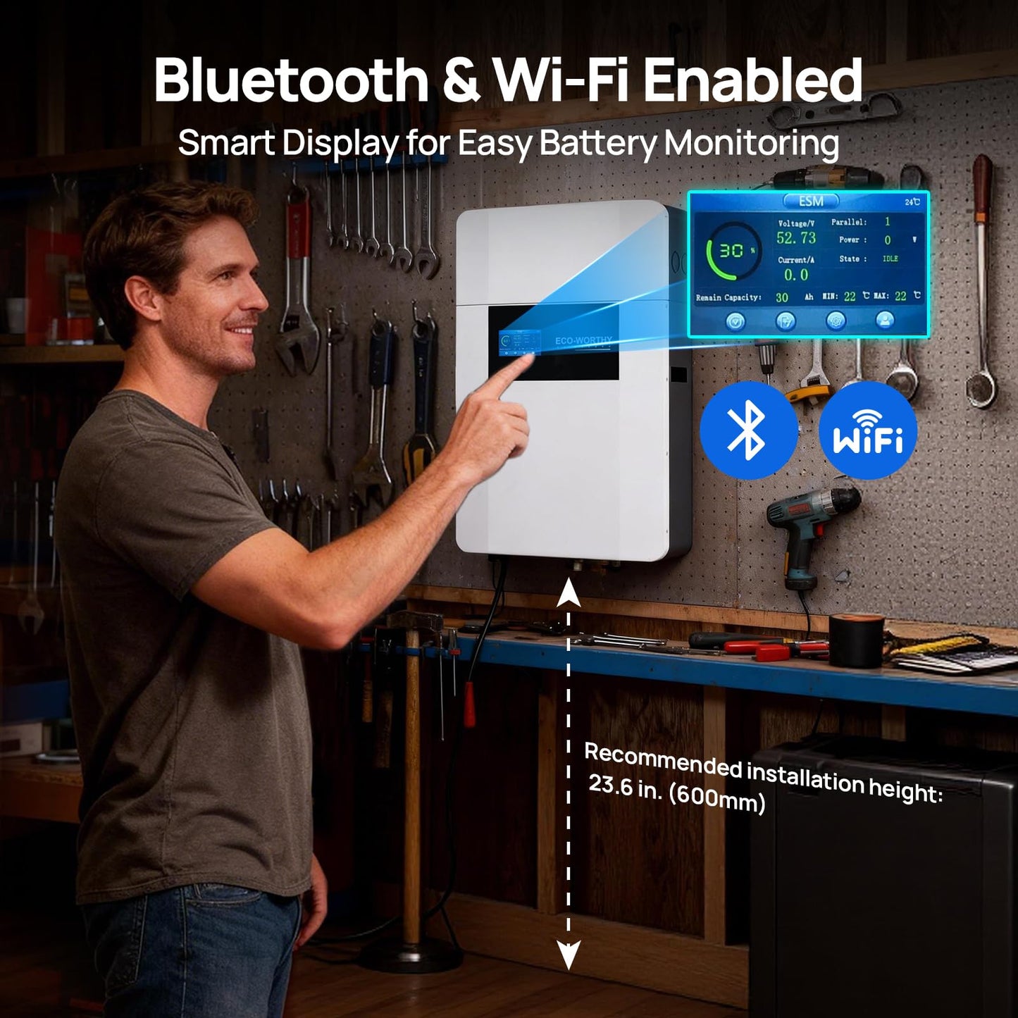 ECO-WORTHY 48V 100Ah Wall-Mount Indoor LiFePO4 Lithium Battery with Conduit Box, Bluetooth & WiFi, Low-Temperature Protection, for Off-Grid Systems, Home Backup Power