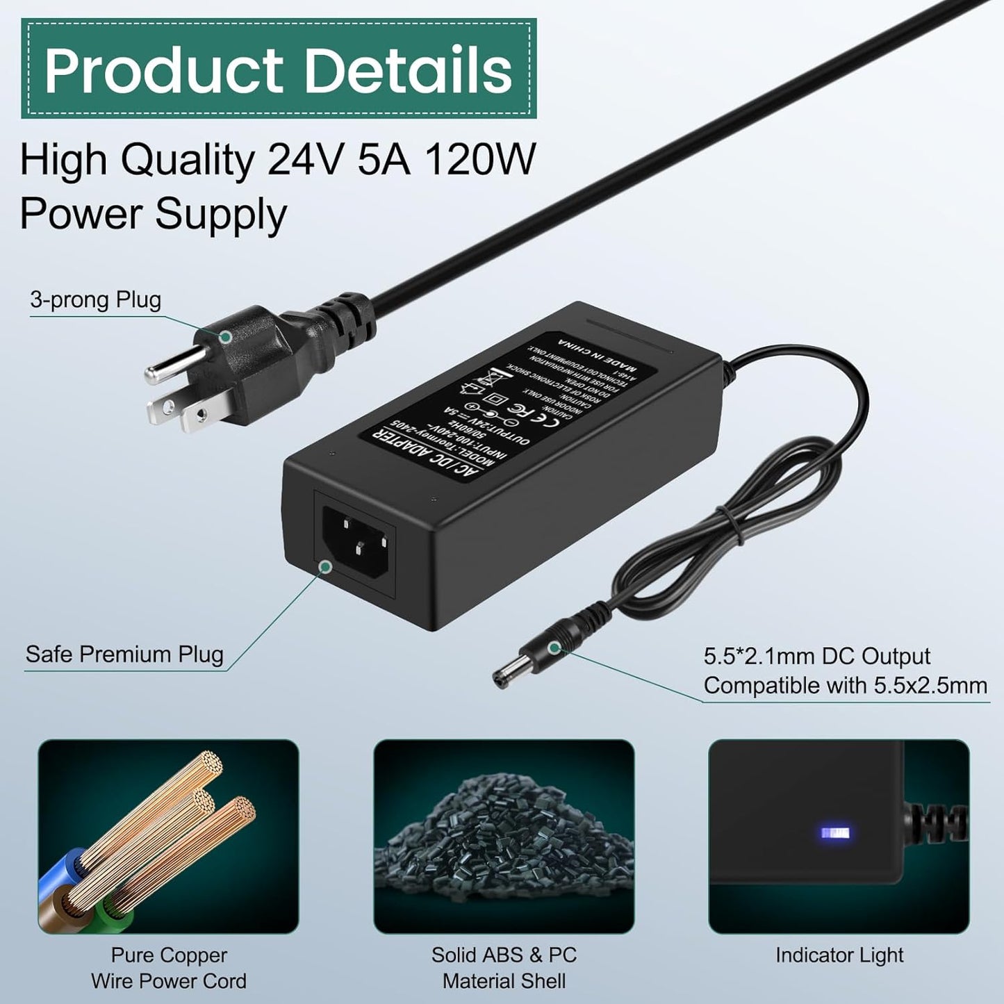 Taormey 24V 5A,AC 100-240V 24 5A Transformer,24V 120W 5.5 2.1mm Power Supply to DC Volt Power Converter Max AC/DC